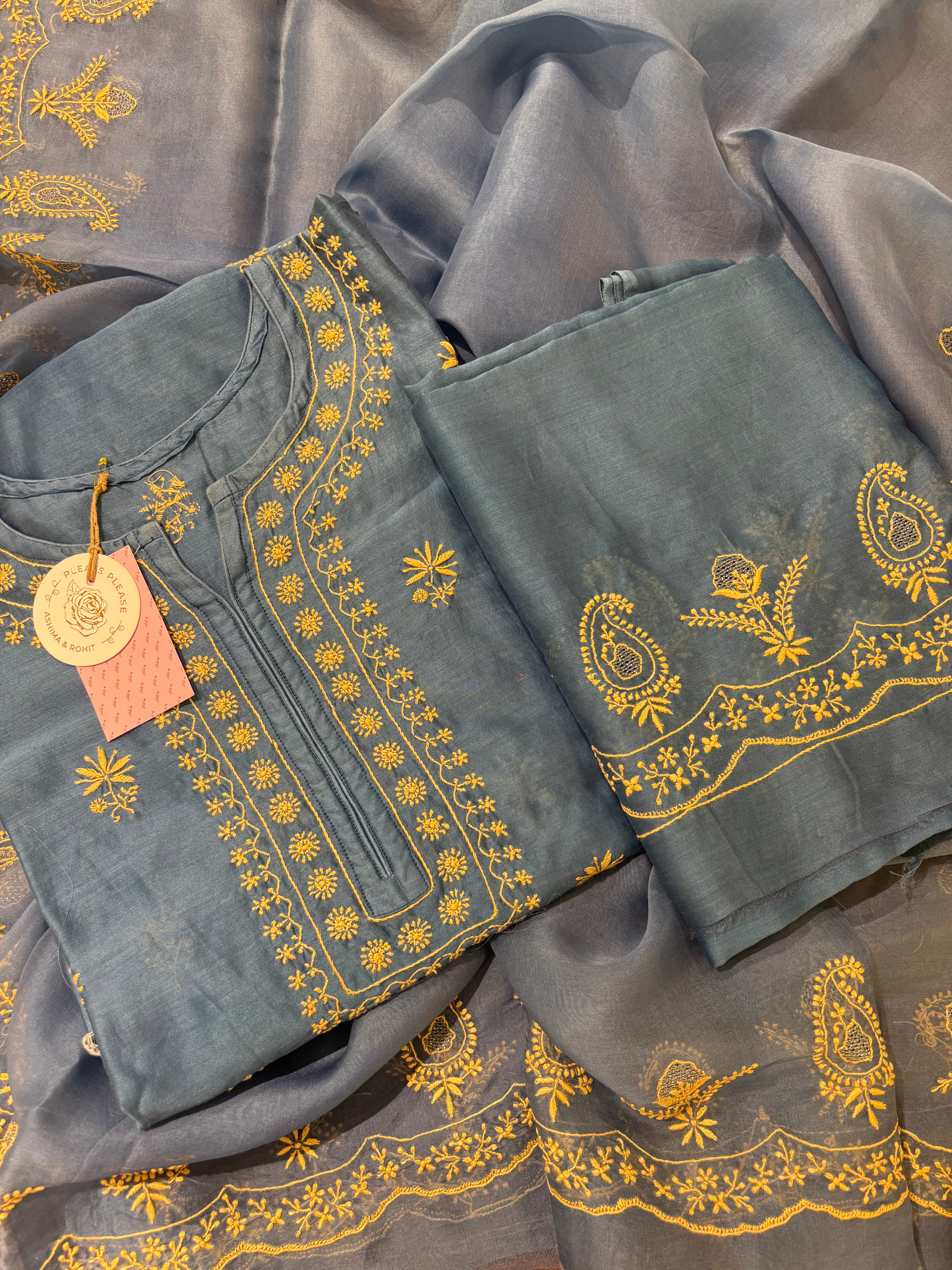 Steel Blue Chanderi Silk Chikankari Kurta & Organza Dupatta With Bottom