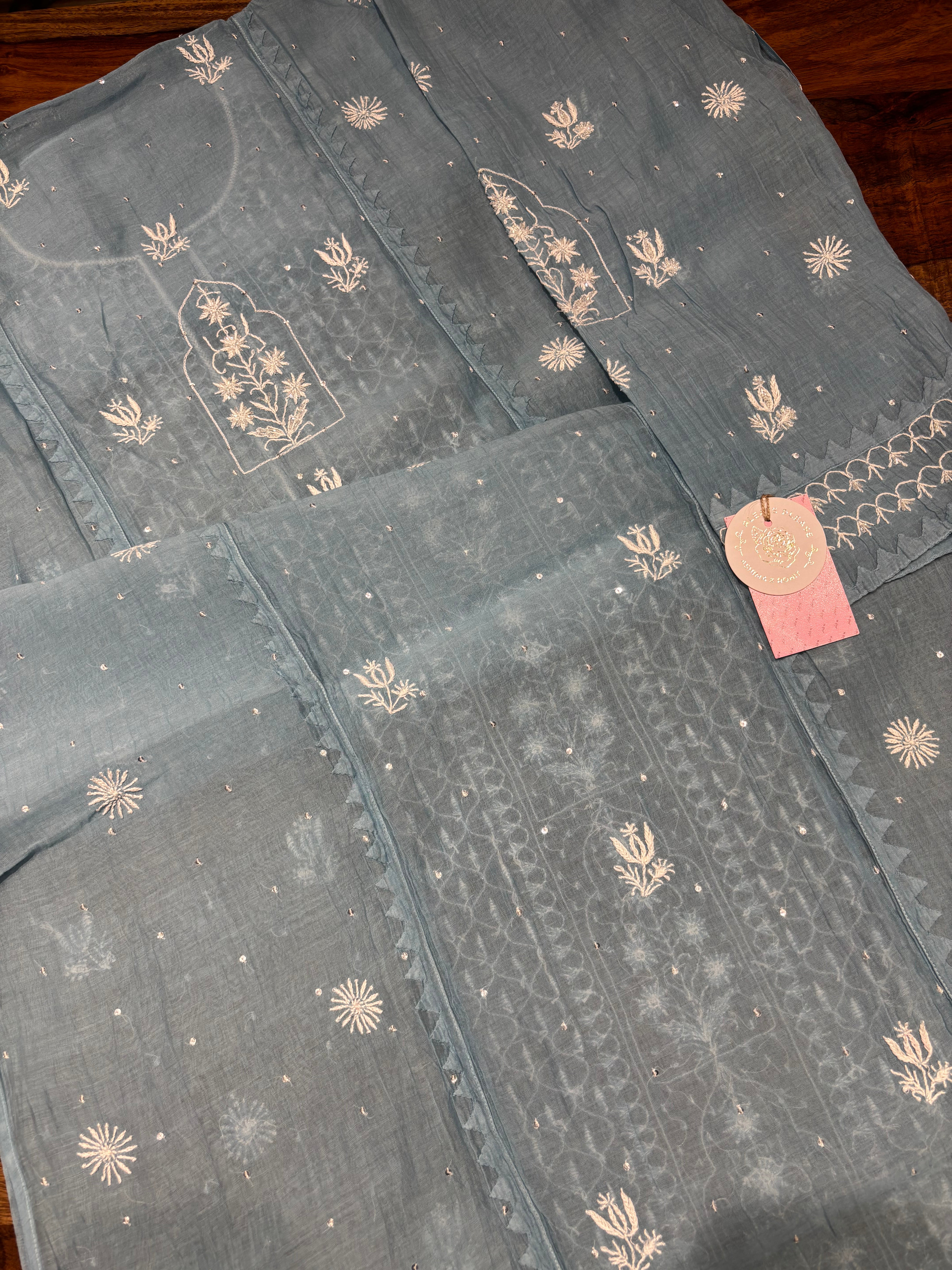 Soft Blue Chanderi Mul Chikankari Kurta & Dupatta Set