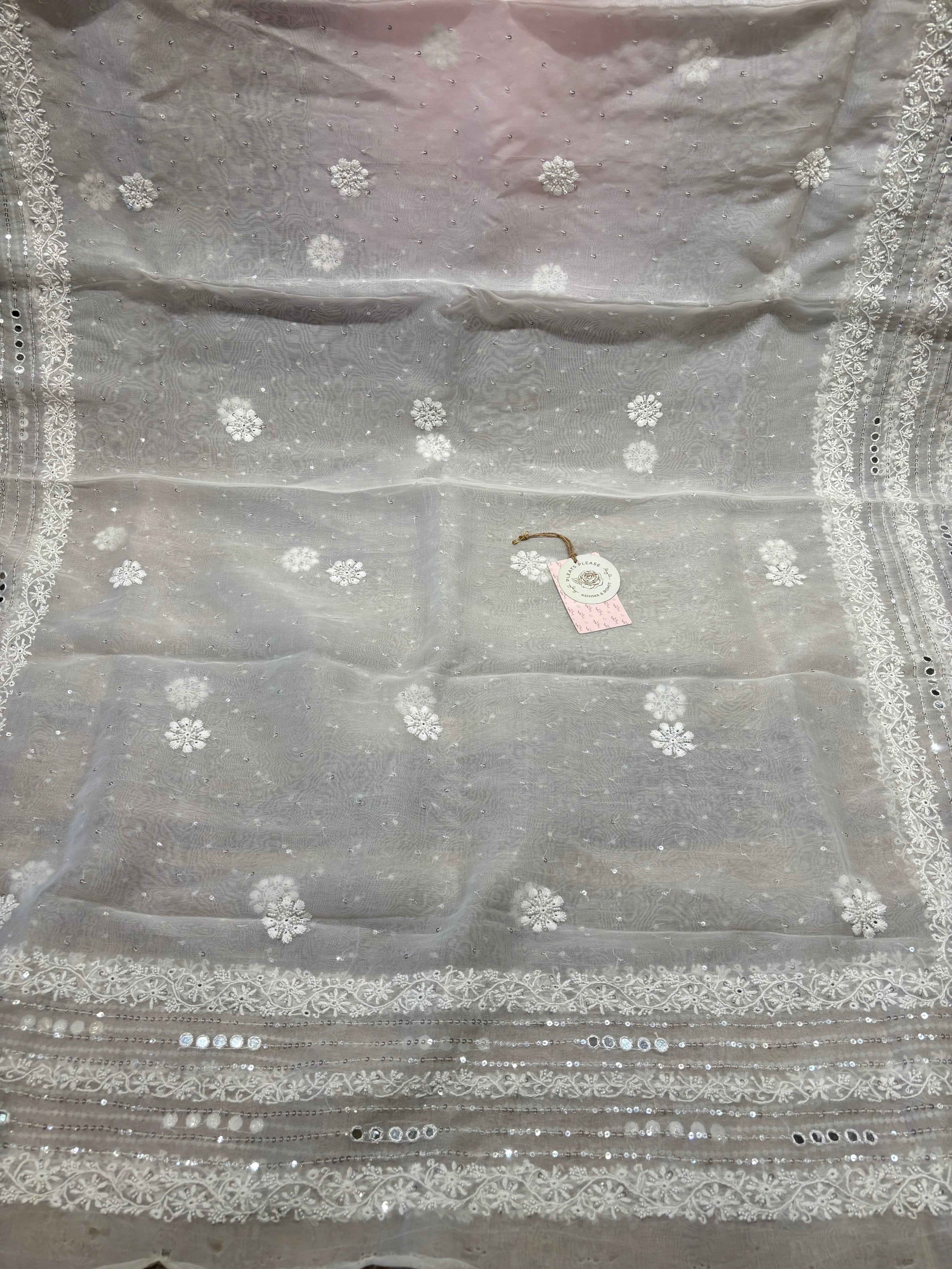 Dyeable Pure and Premium Organza Aline Anarkali and Dupatta - Pleats PleaseChikankari