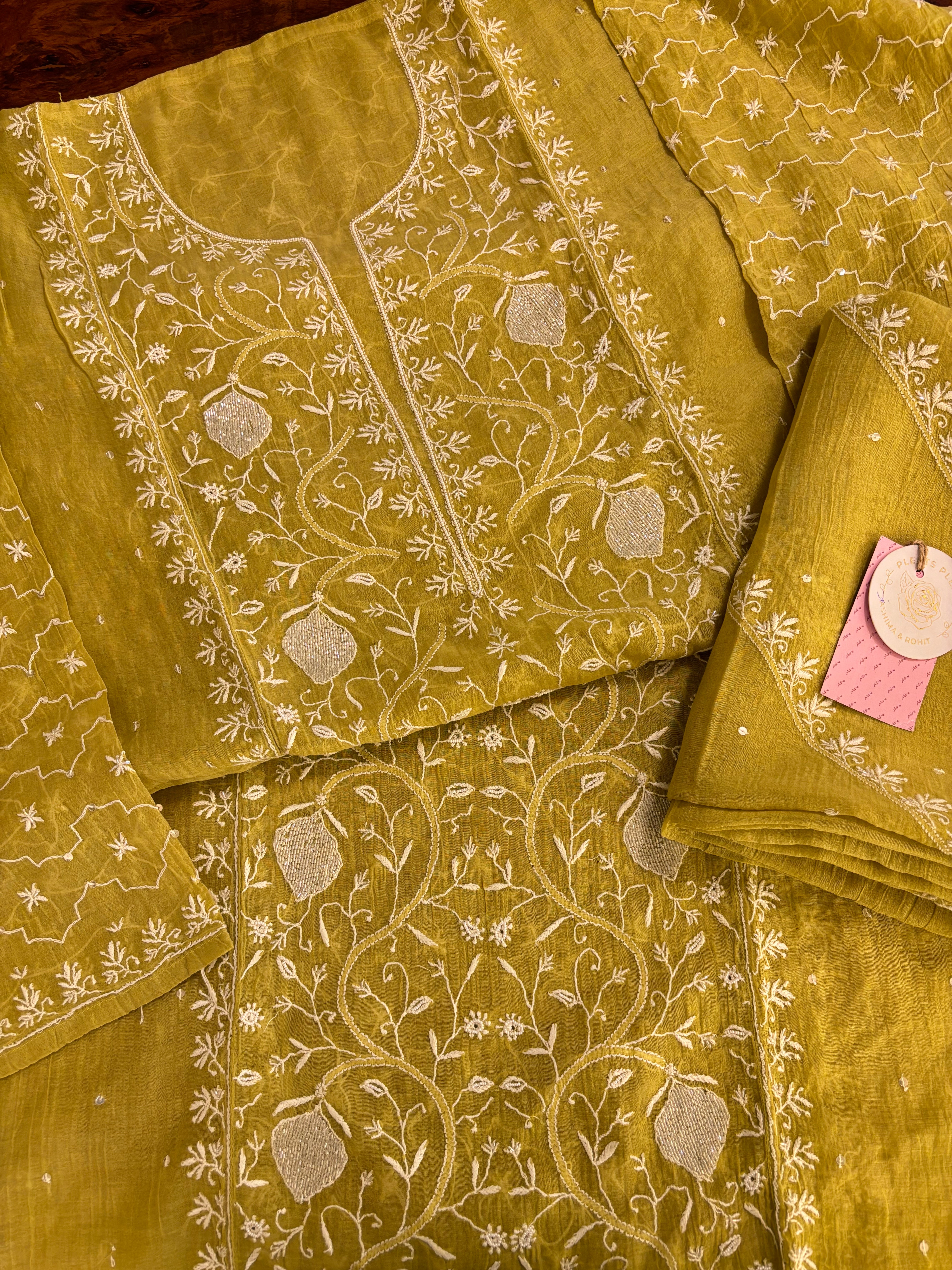 Mustard Yellow Chanderi Chikankari Kurta & Dupatta