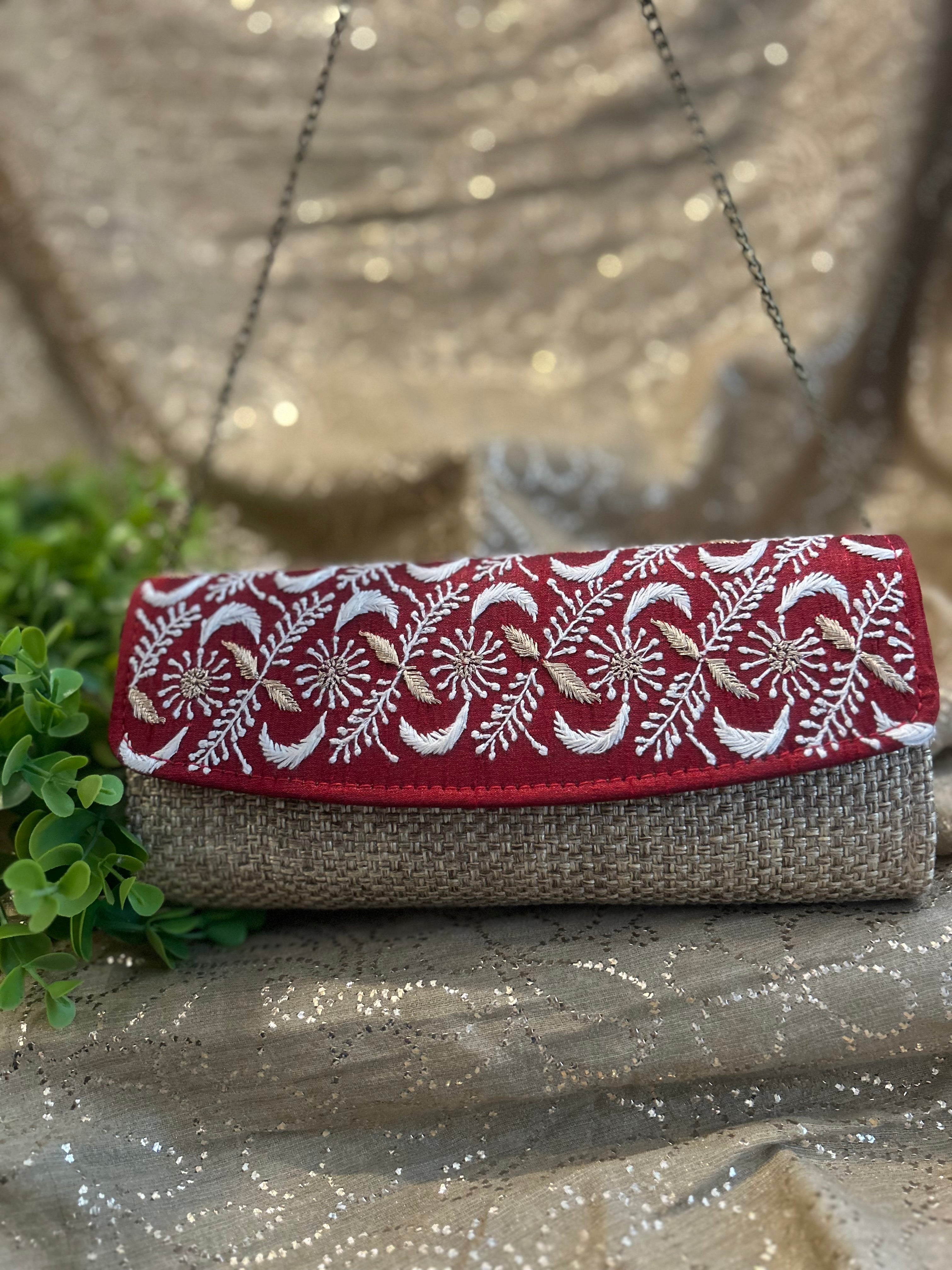 Cherry Red Chikankari Jute Clutch