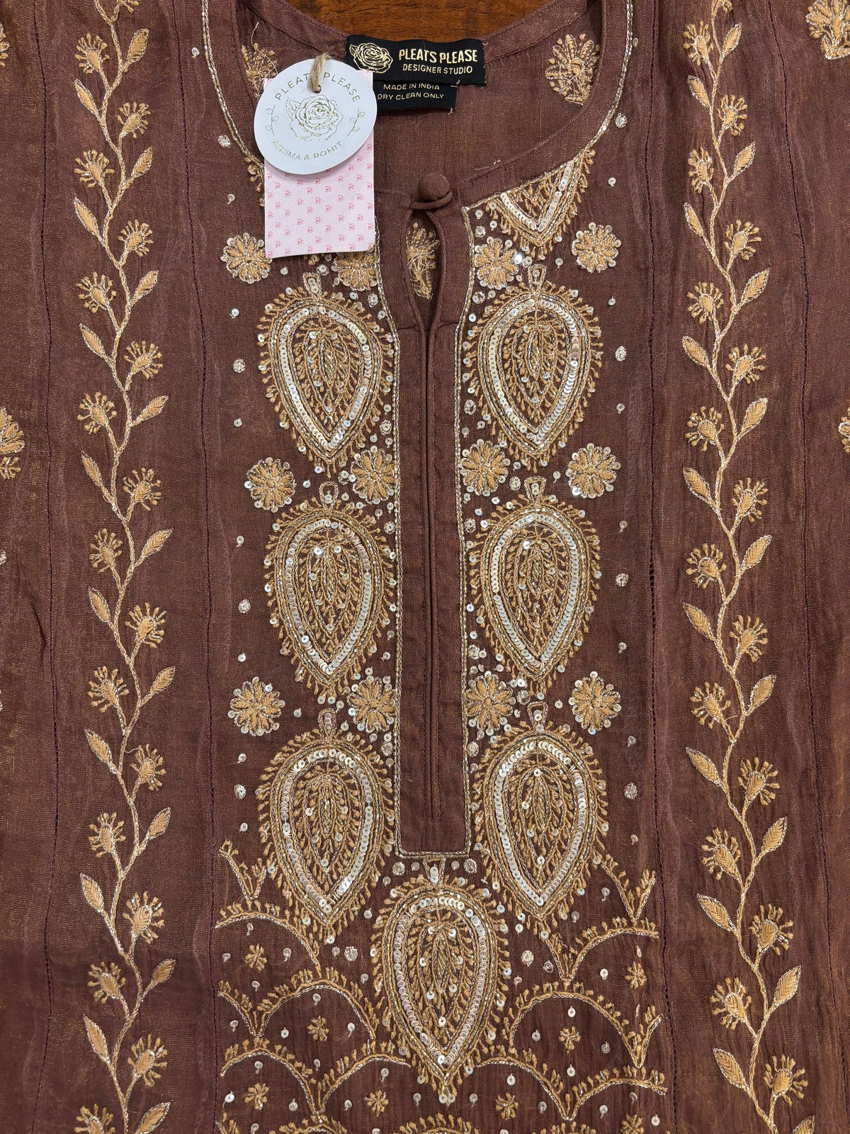 Walnut Brown Pure & Premium Tissue Chikankari Kurta & Dupatta