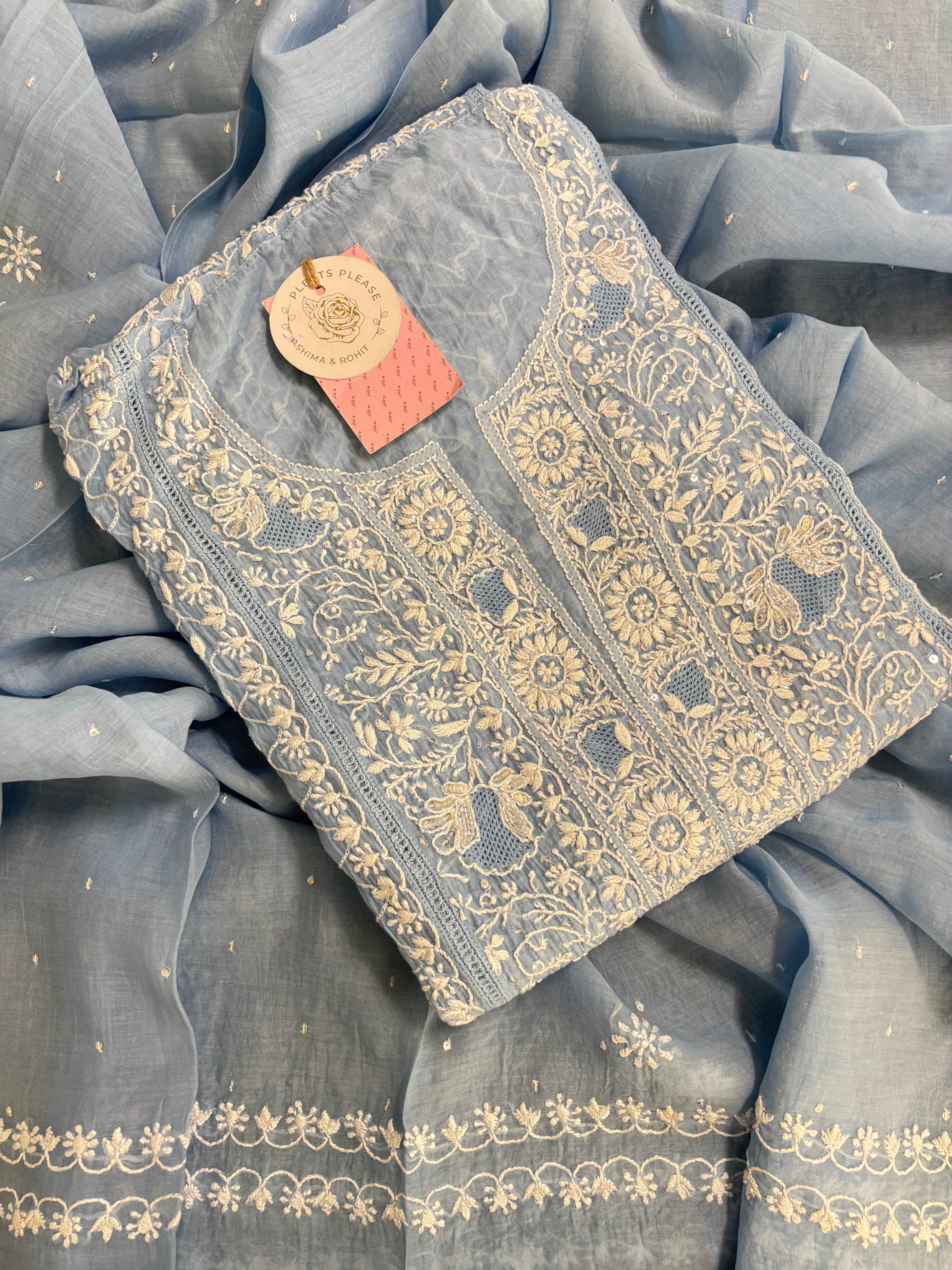 Powder Blue Chanderi Mul Chikankari Kurta and Dupatta