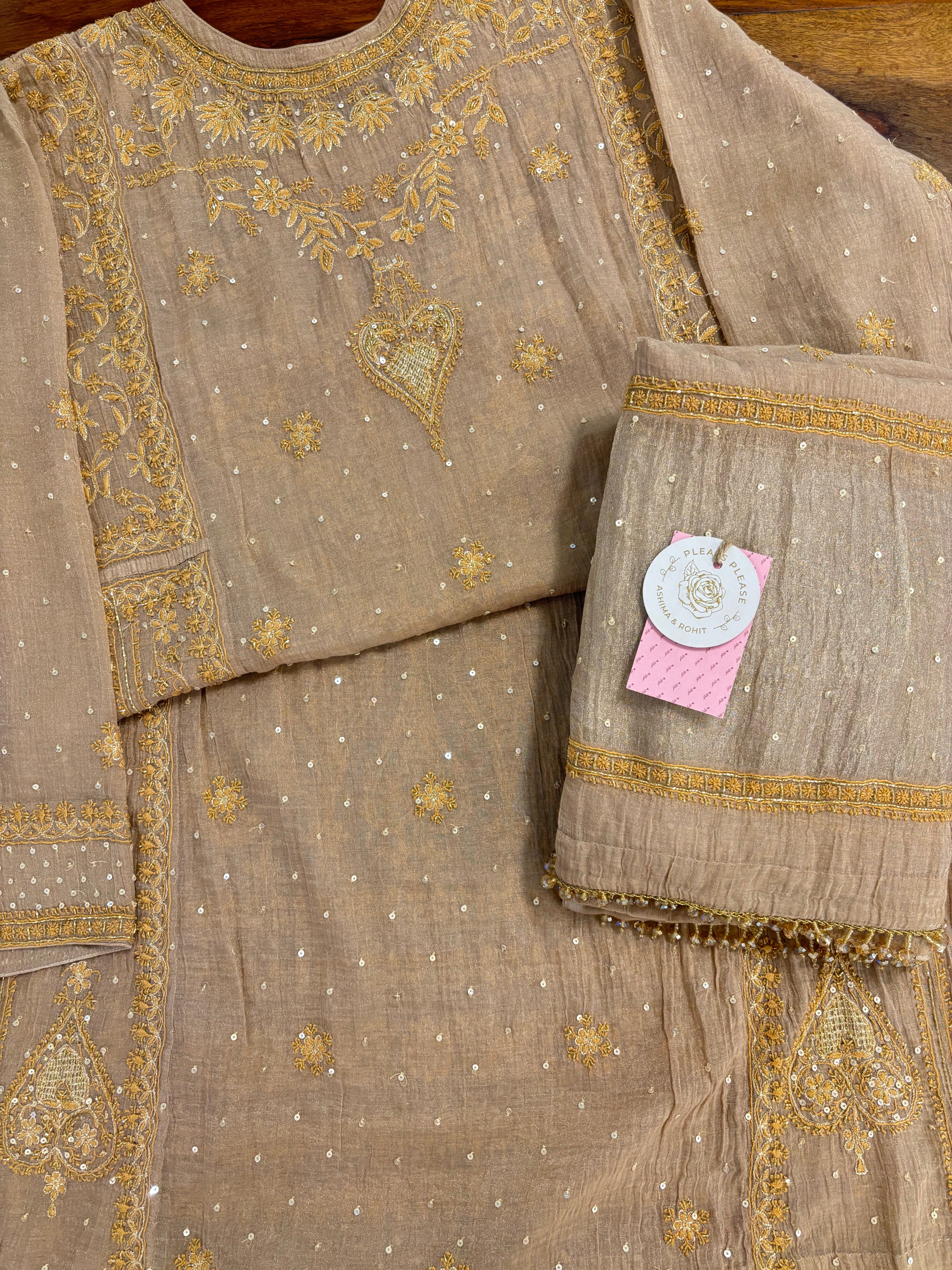 Rosewood Taupe Pure & Premium Tissue Chikankari A line Anarkali & Dupatta