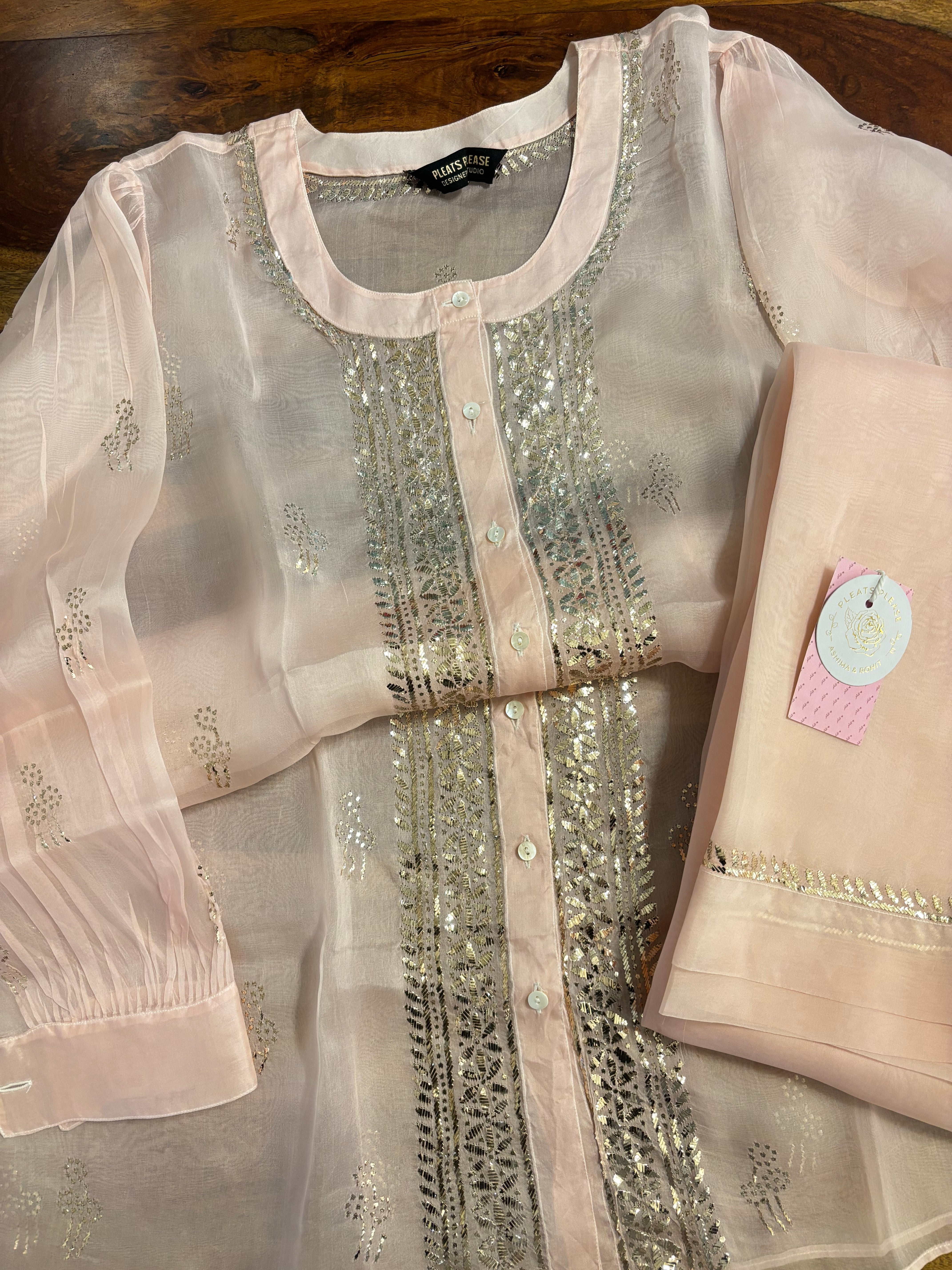 Pastel Pink Pure Organza Mukaish Co-Ord Set - Pleats PleaseChikankari
