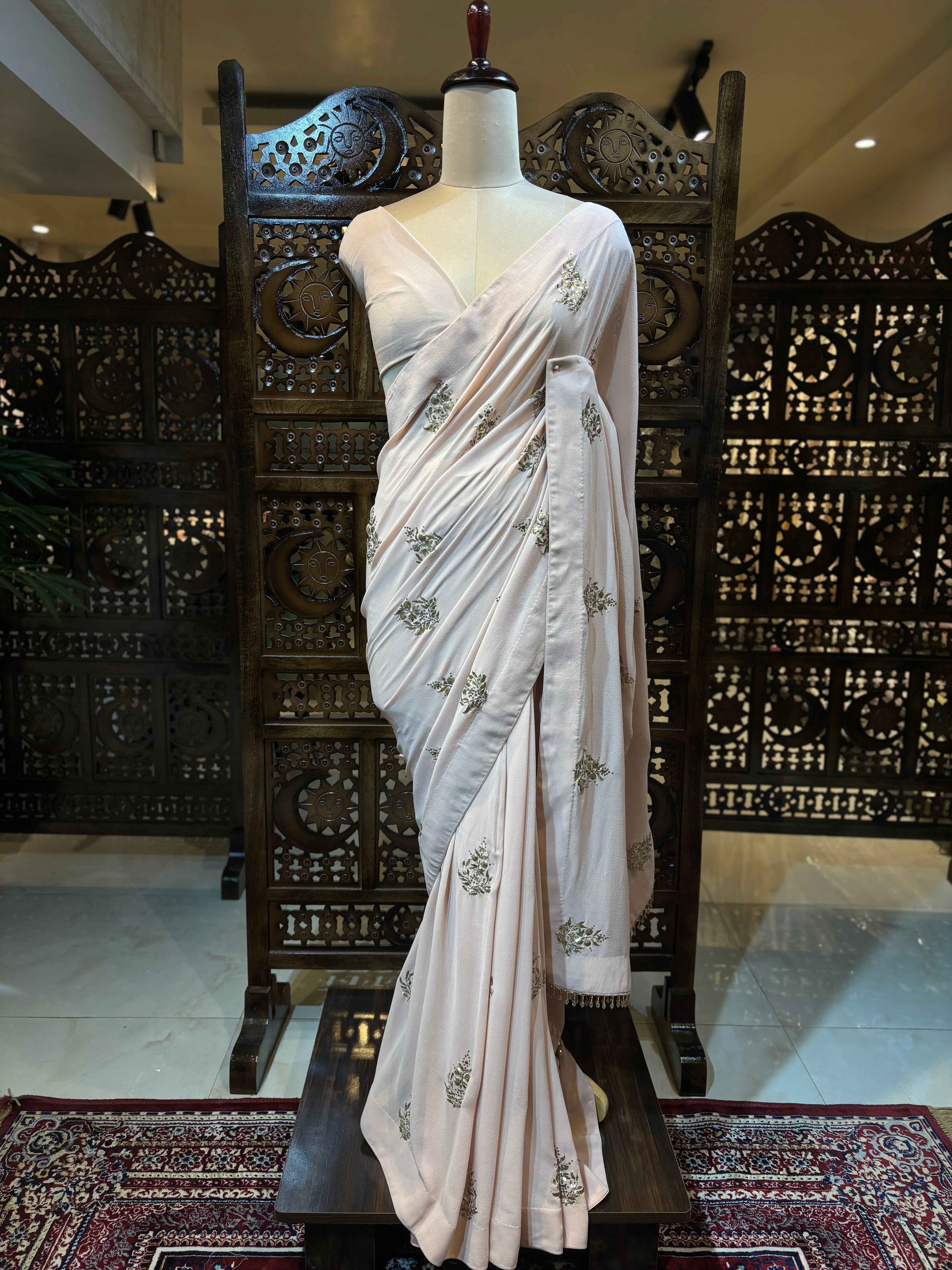 Dusty Peach Pure Georgette Badla Saree and Blouse - Pleats PleaseChikankari
