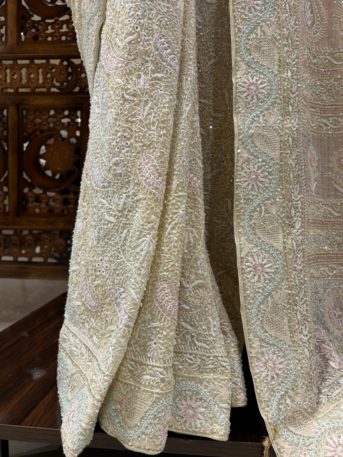 Soft Cream Pure & Premium Georgette Chikankari Saree