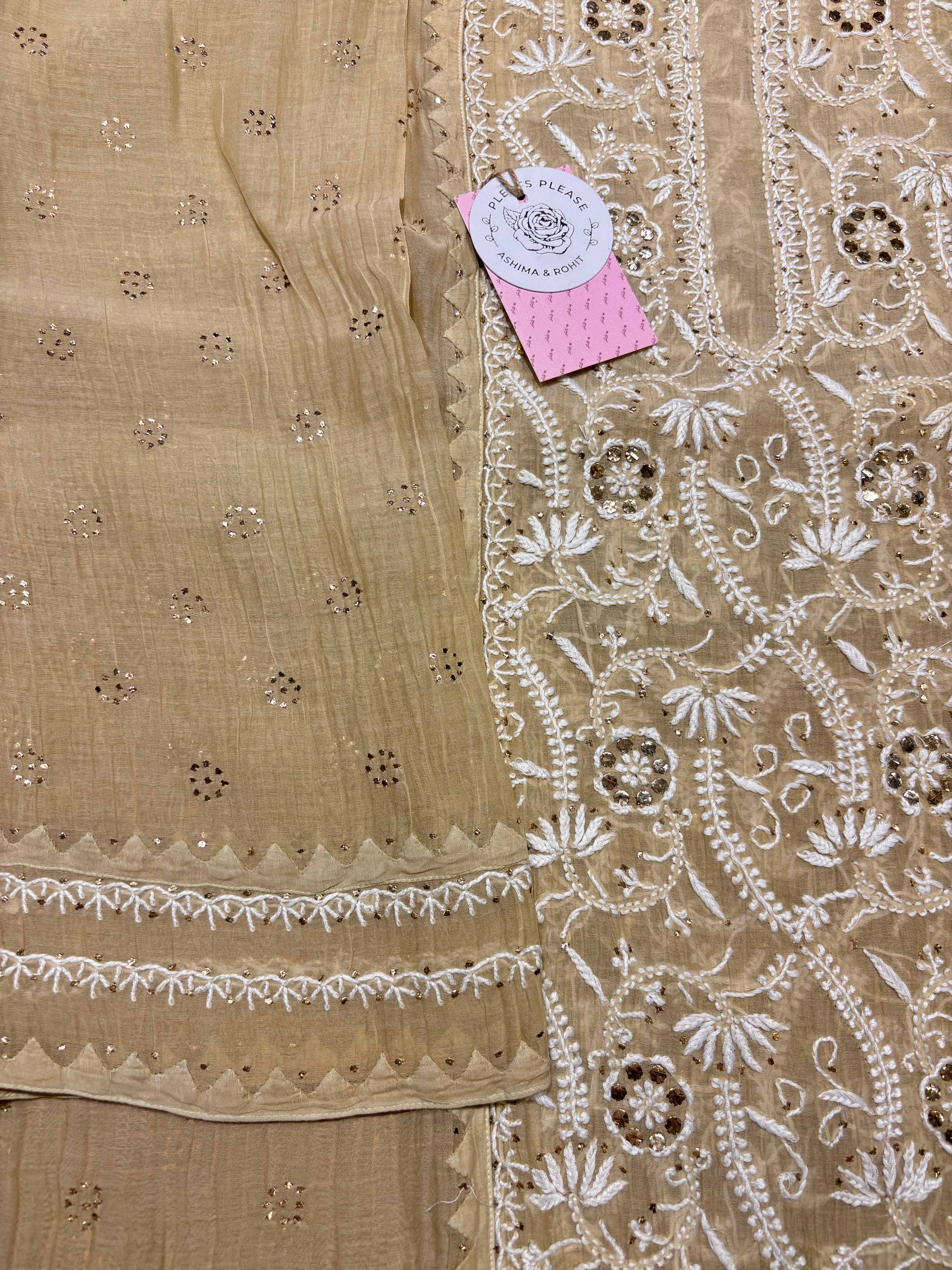 Beige Chanderi Mul Chikankari and Mukaish kurta and Dupatta set