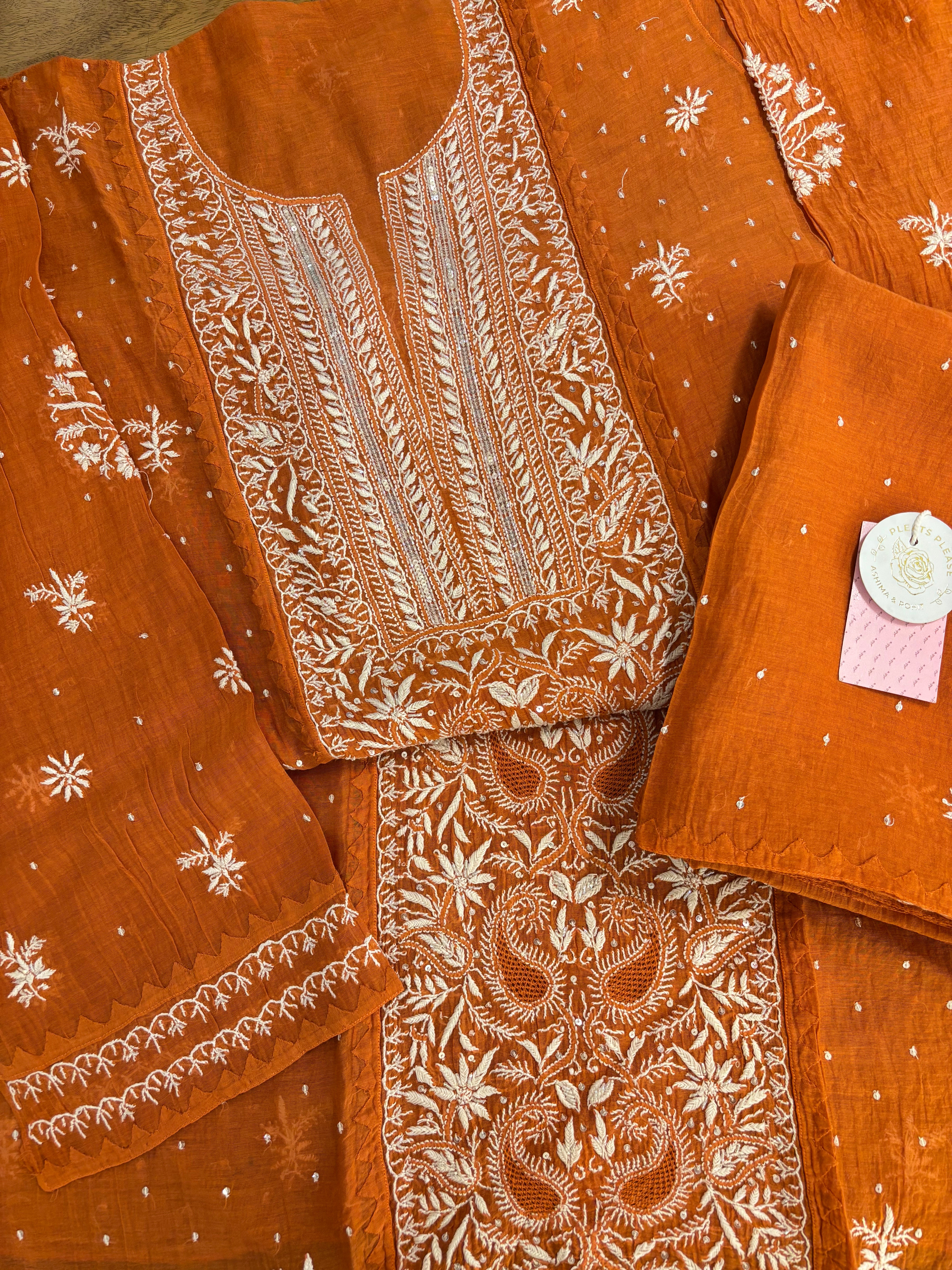 Burnt Orange Chanderi Mul Chikankari Kurta & Dupatta