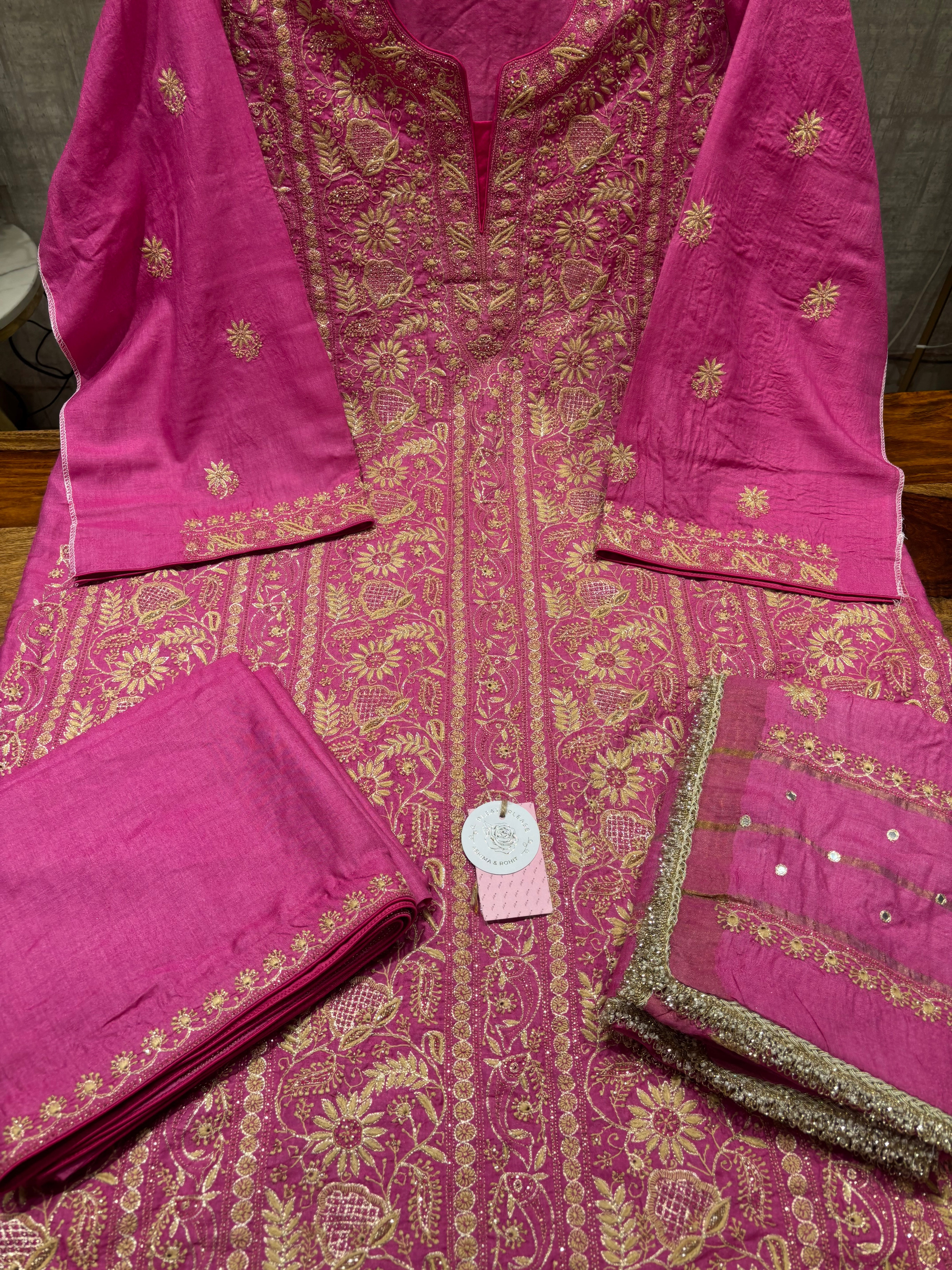Magenta Pink Pure & Premium Monga Silk Chikankari Kurta, Dupatta & Bottom Fabric