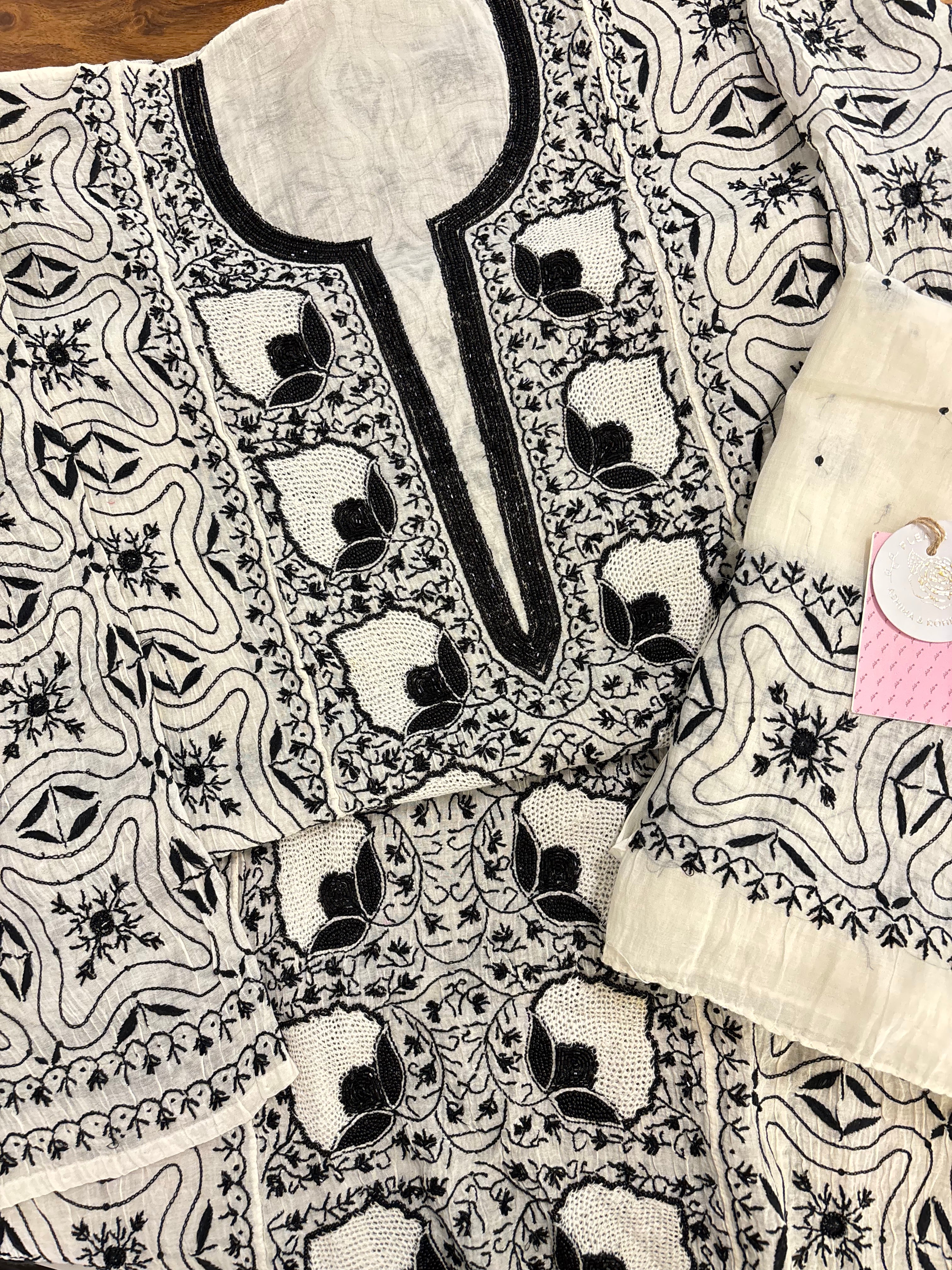 Dyeable Chanderi Black & White Chikankari Kurta & Dupatta