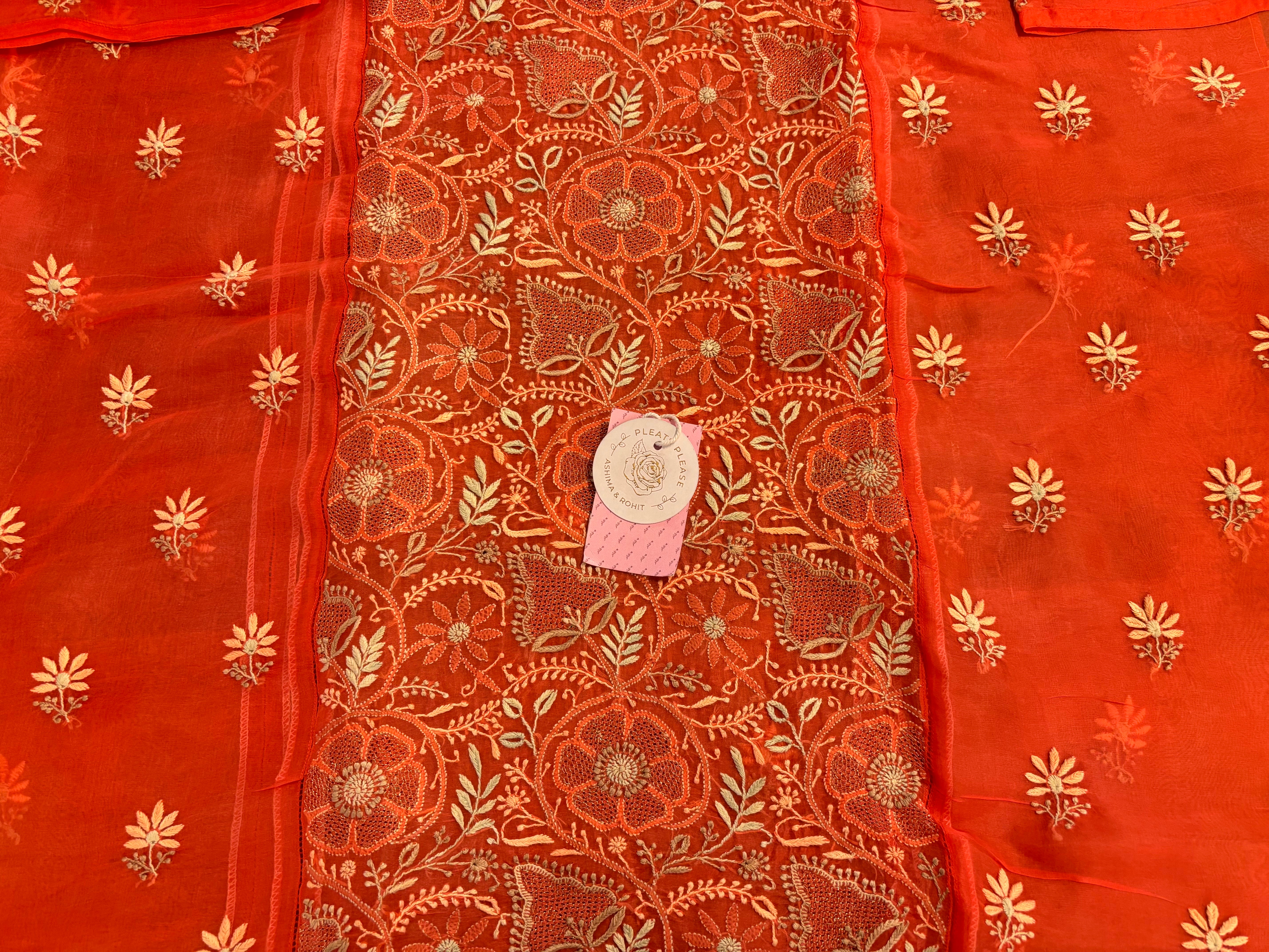 Burnt Orange Pure Organza Silk Chikankari Kurta & Dupatta