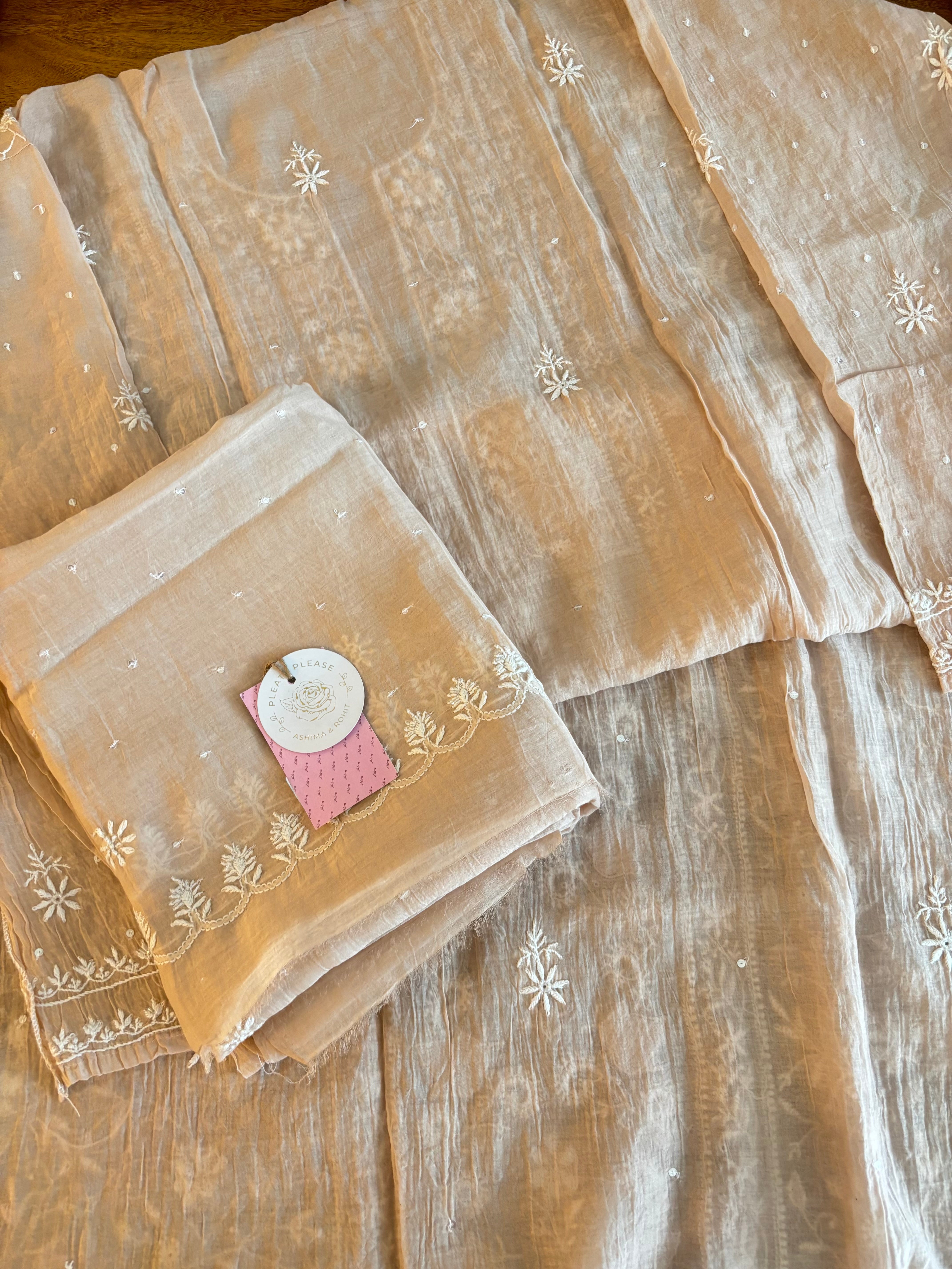 Blush Cream Chanderi Chikankari Kurta & Dupatta