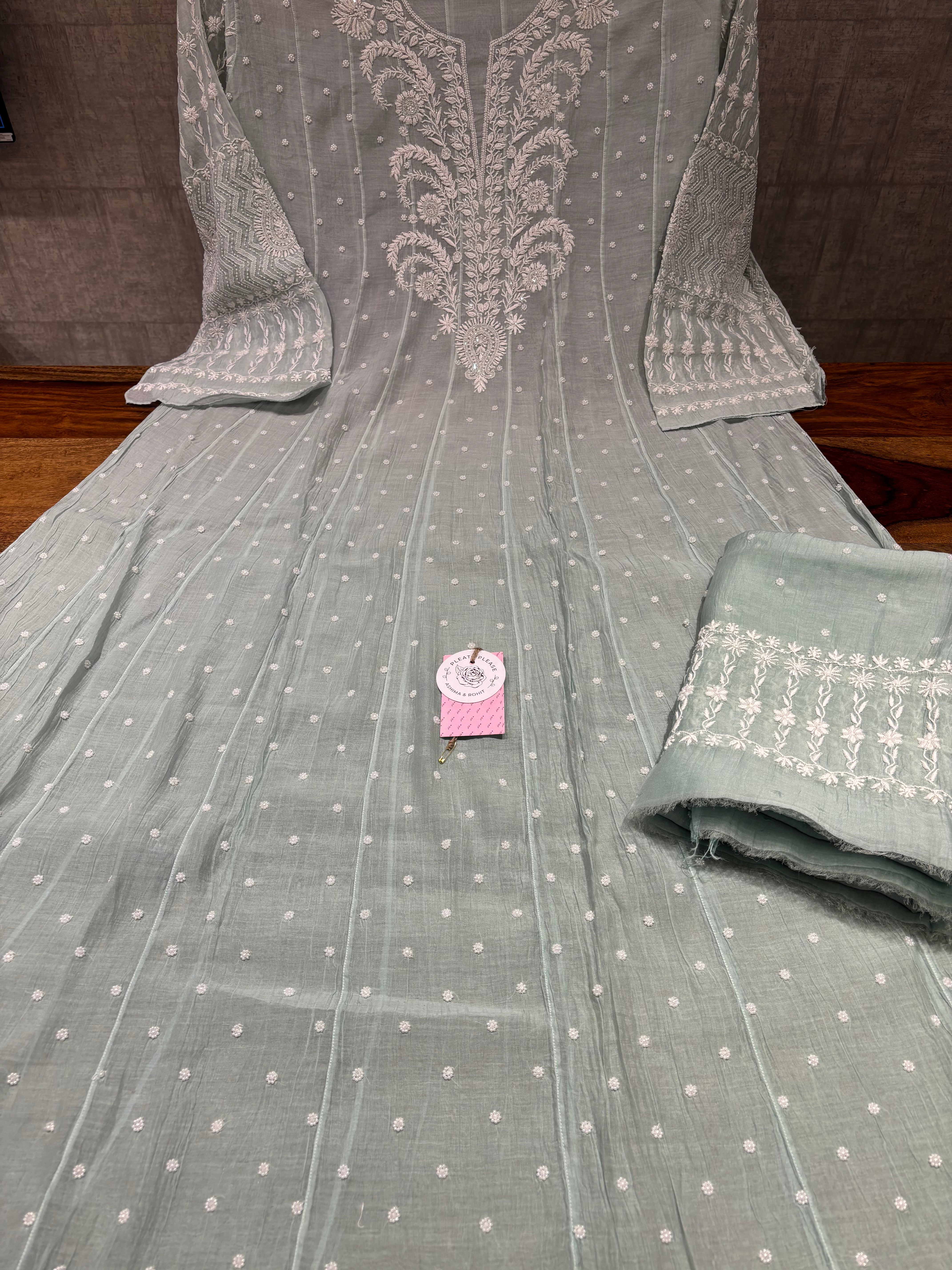 Sea Foam Ombre Chanderi Mul Chikankari Anarkali & Dupatta Set