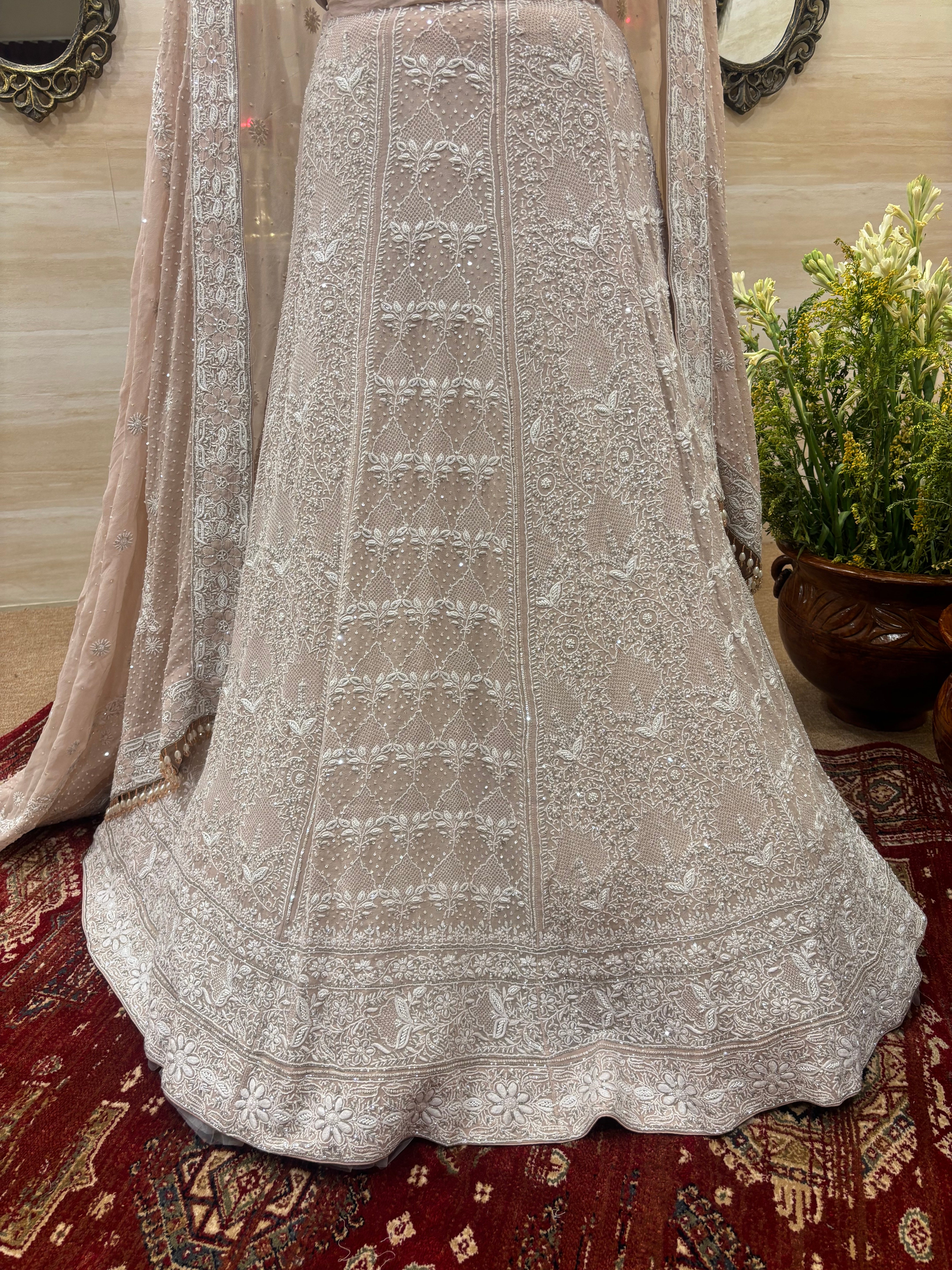 Nude Peach Pure & Premium Georgette Chikankari Lehenga Set