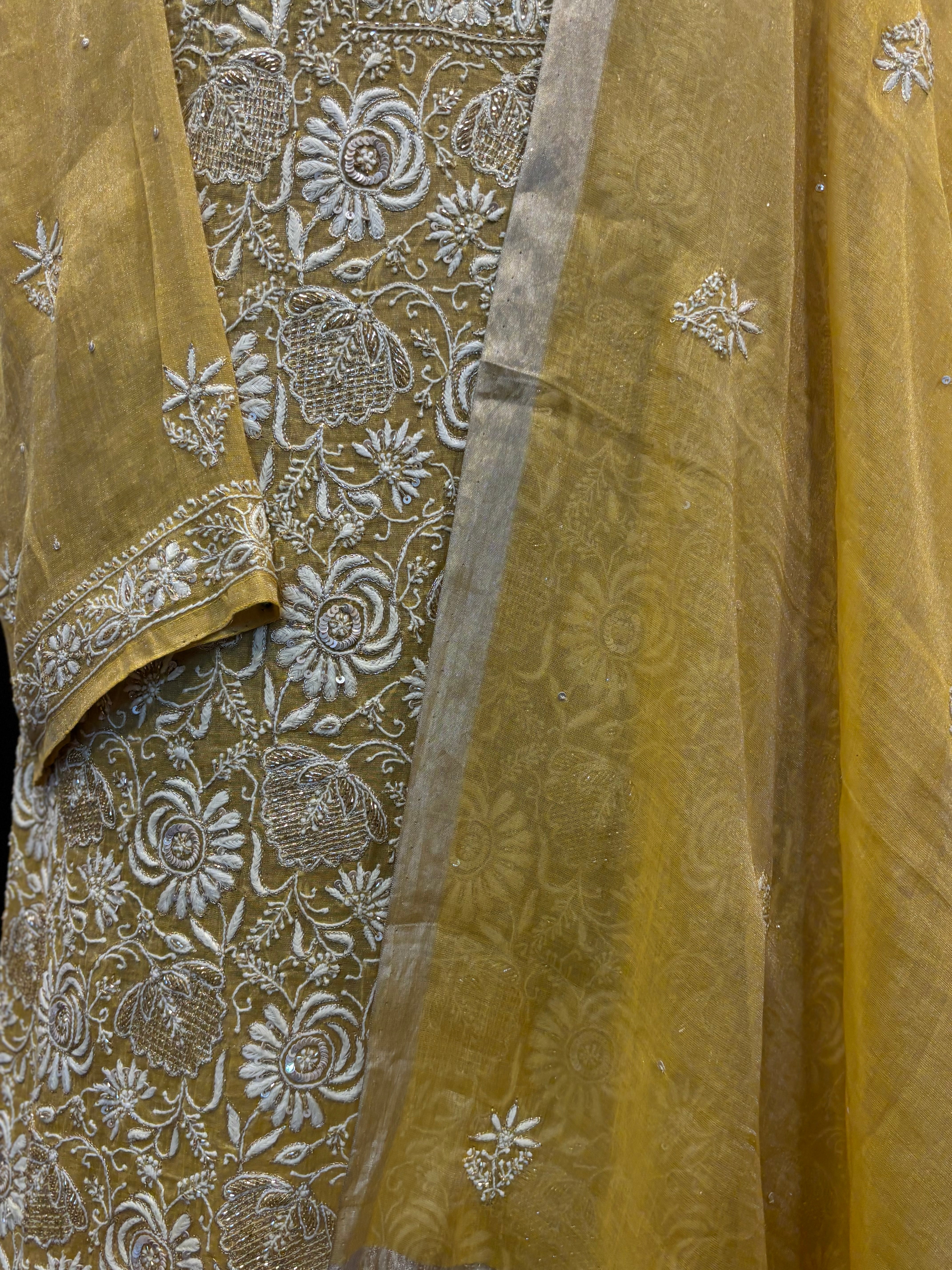 Mustard Pure & Premium Tissue Chikankari Kurta & Dupatta Set