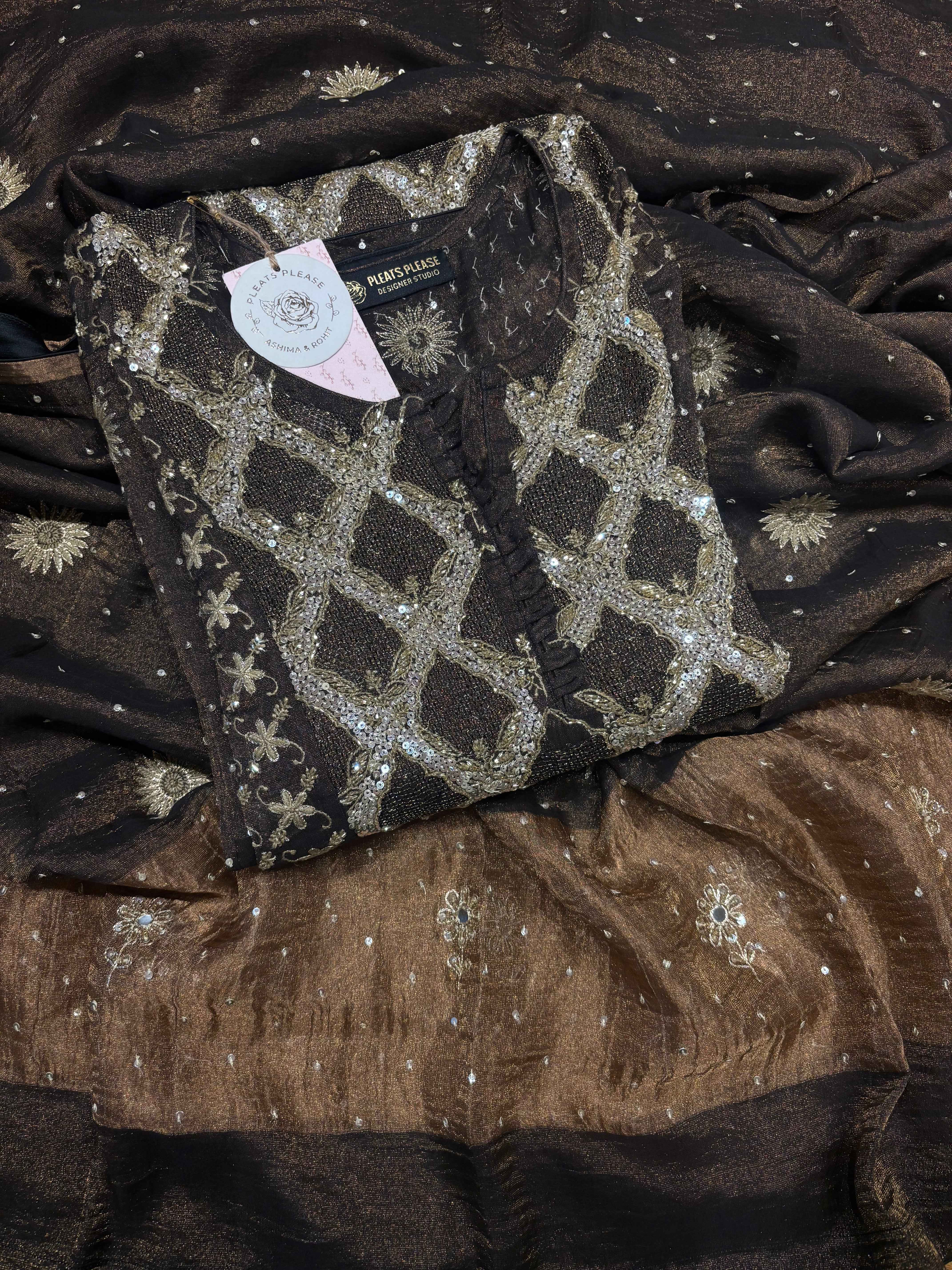 Black Pure Tissue Anarkali And Dupatta set - Pleats PleaseChikankari