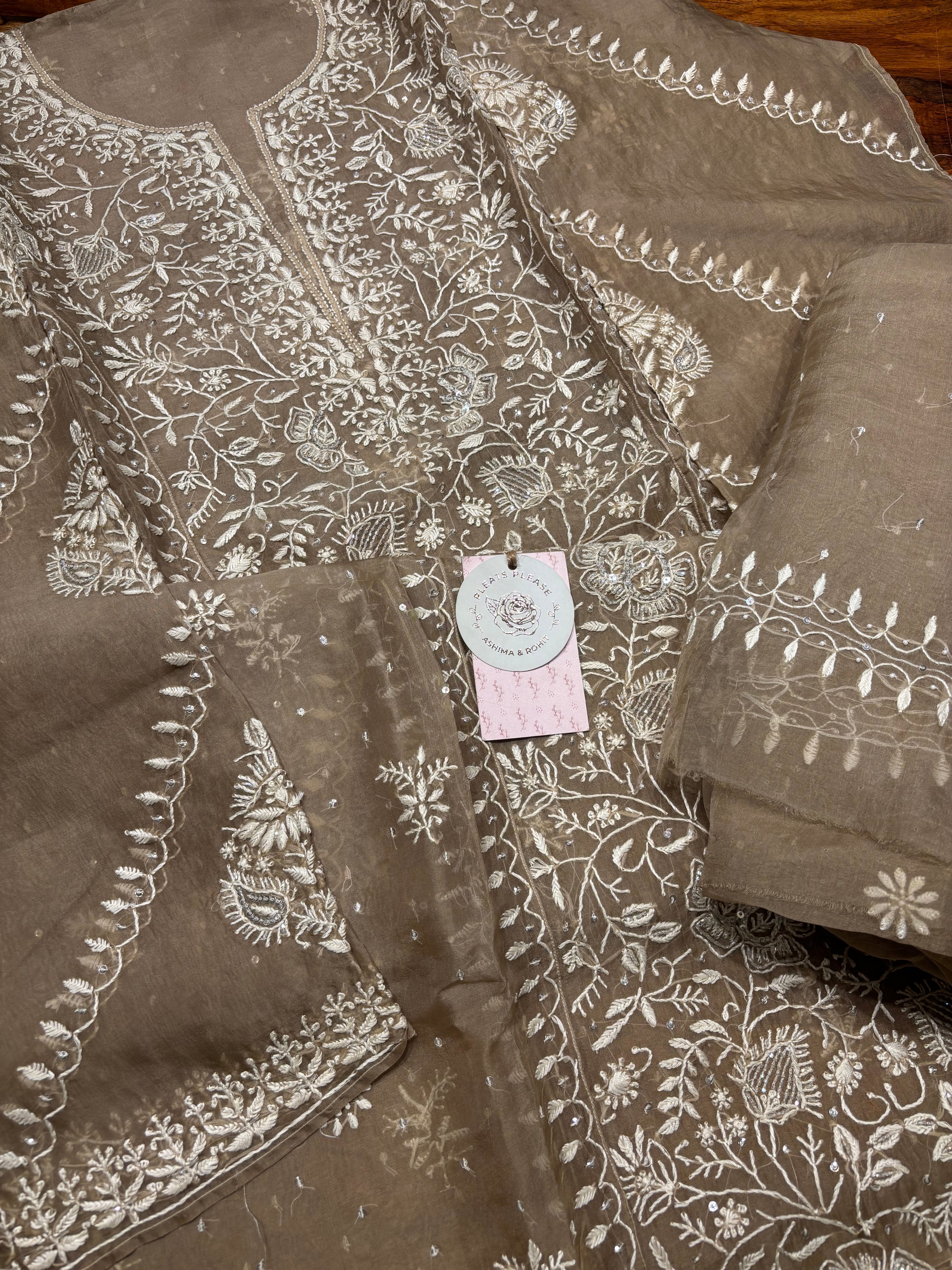 Brown Organza Chikankari Kurta and Dupatta set