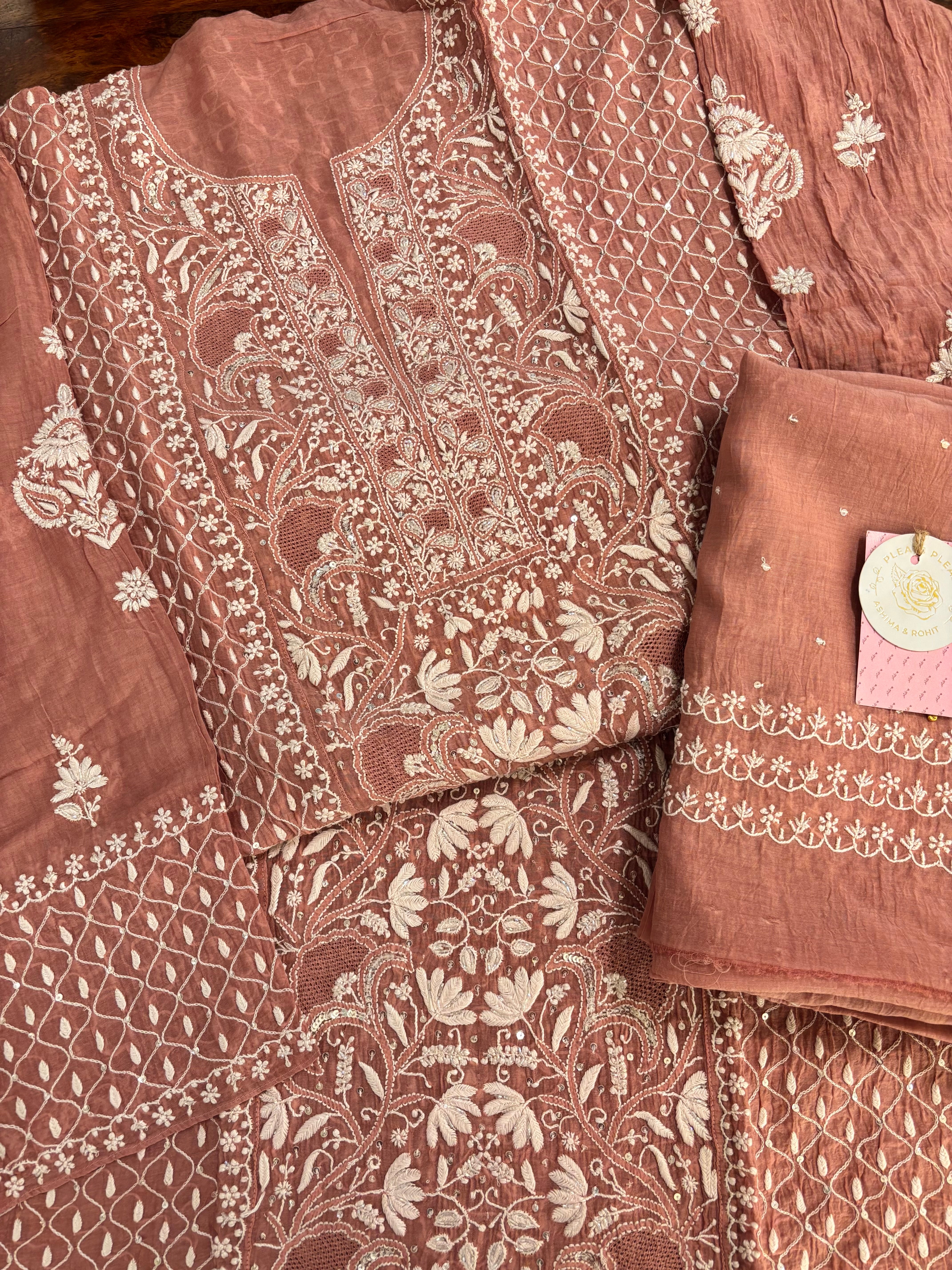 Dusty Rose Chanderi Mul Chikankari Kurta & Dupatta