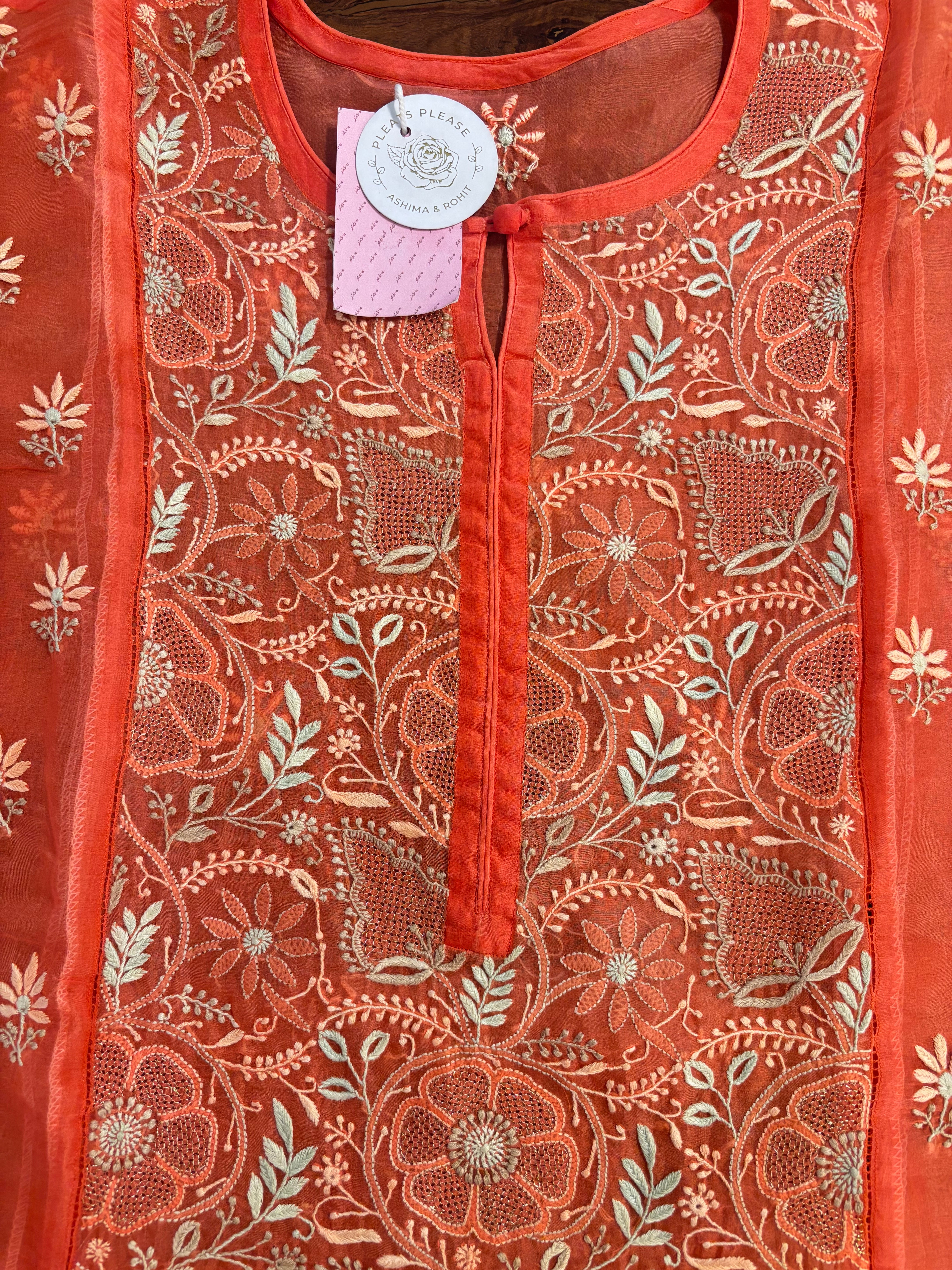 Burnt Orange Pure Organza Silk Chikankari Kurta & Dupatta