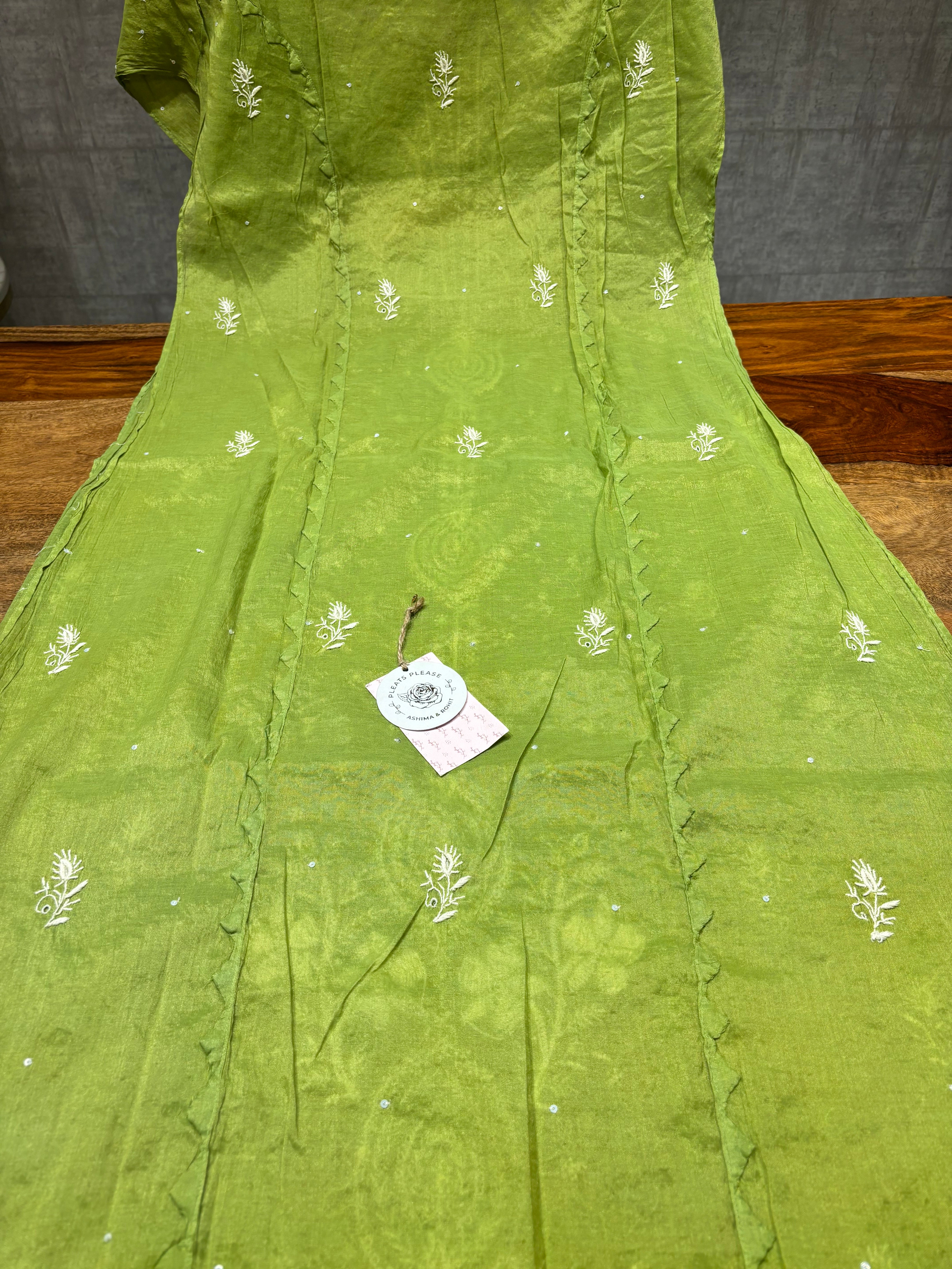 Green Chanderi Silk Chikankari Kurta And Dupatta Set