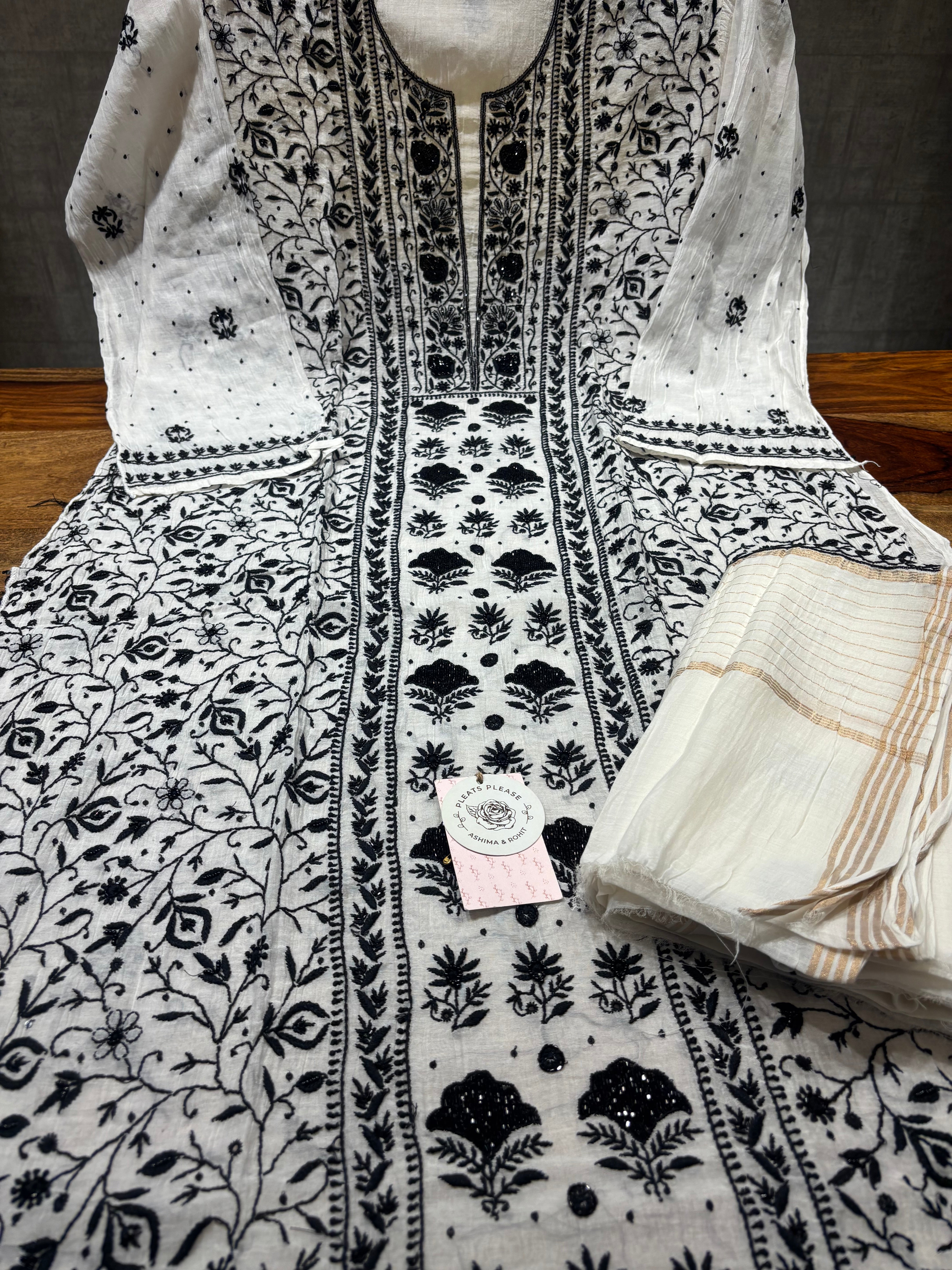 Dyeable Chanderi Mul Chikankari Kurta and Dupatta set
