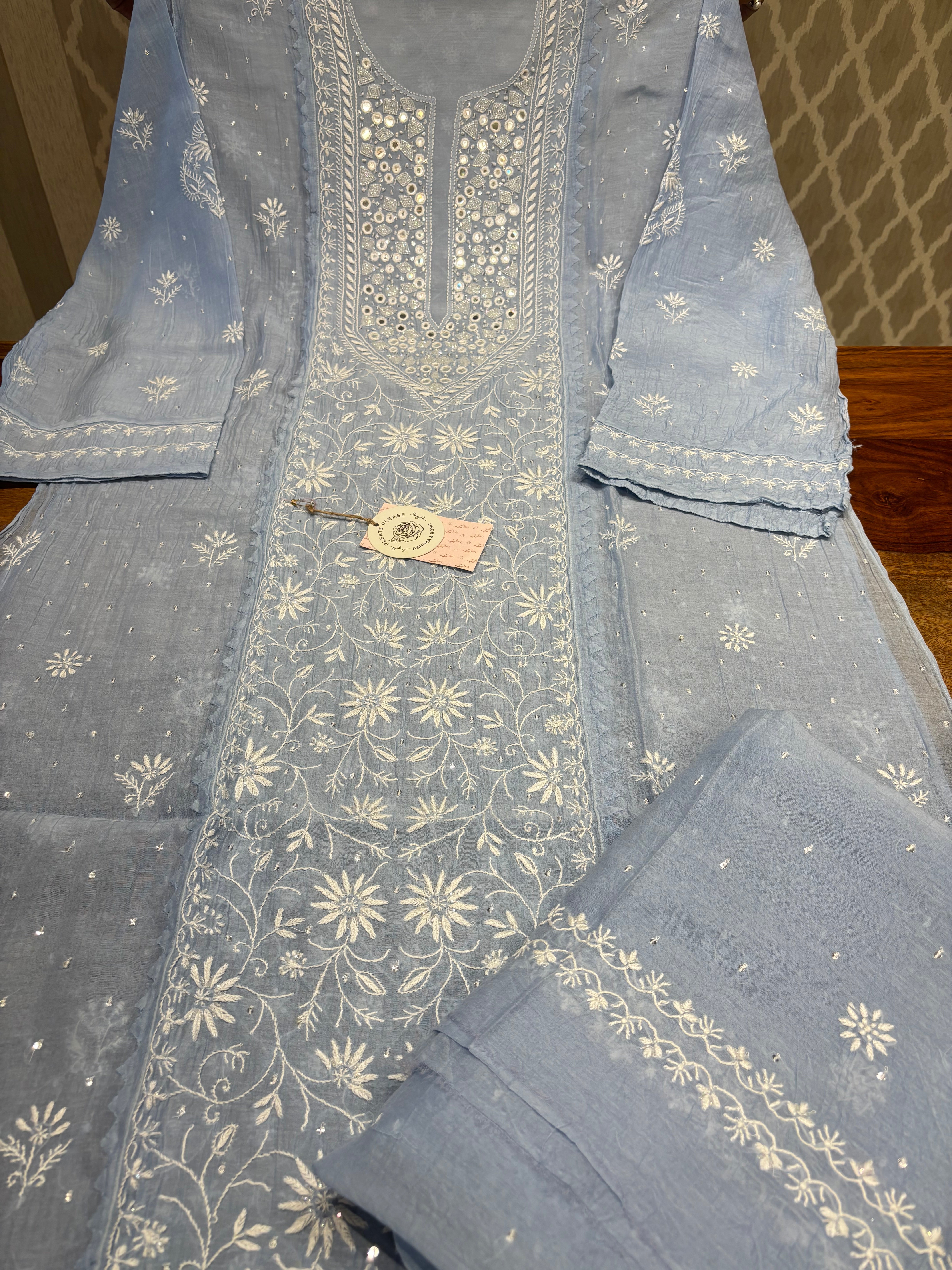 Powder Blue Chanderi Mul Chikankari Kurta and Dupatta set