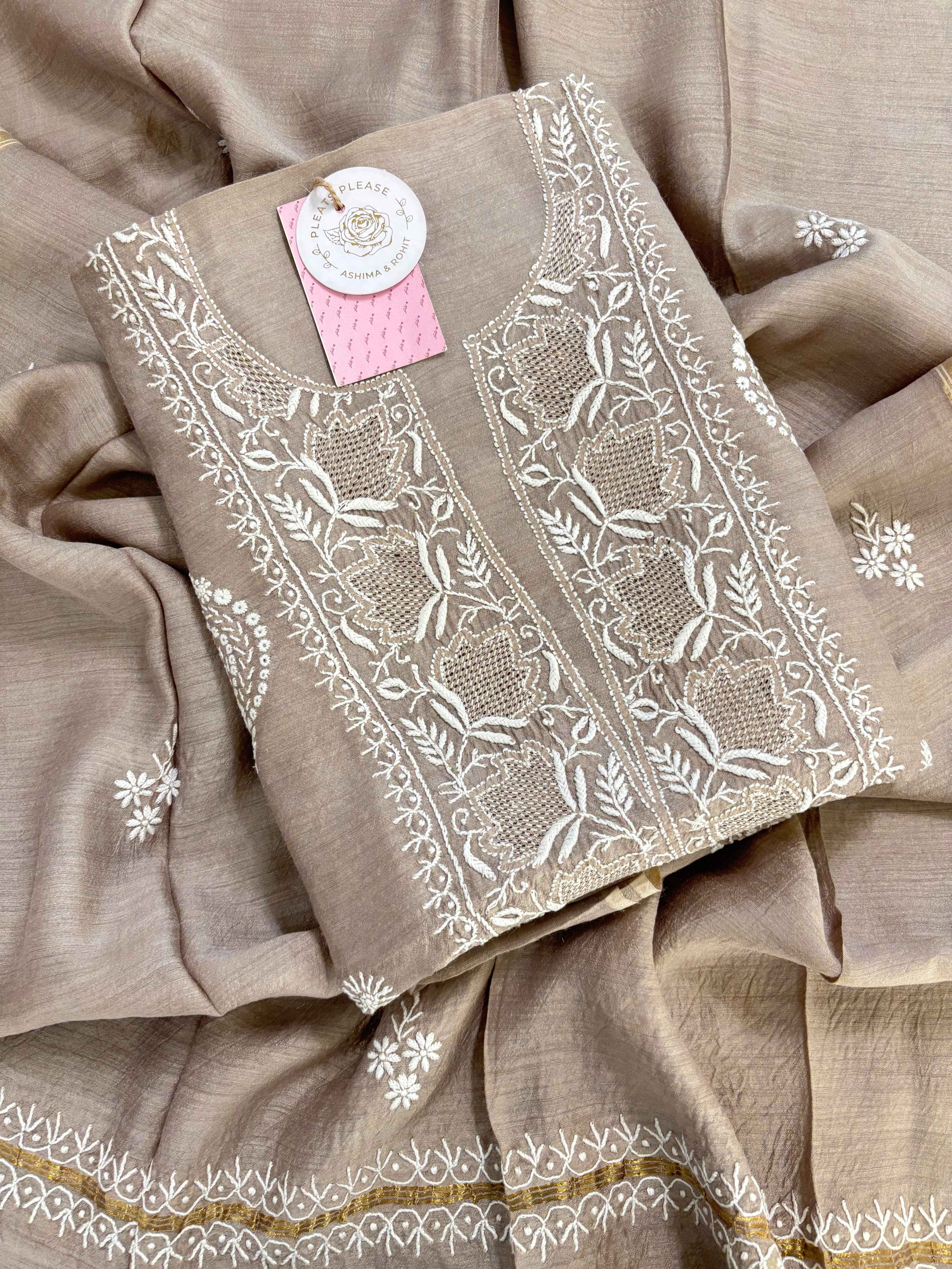 Hazelnut Brown Monga Silk Chikankari Kurta & Dupatta