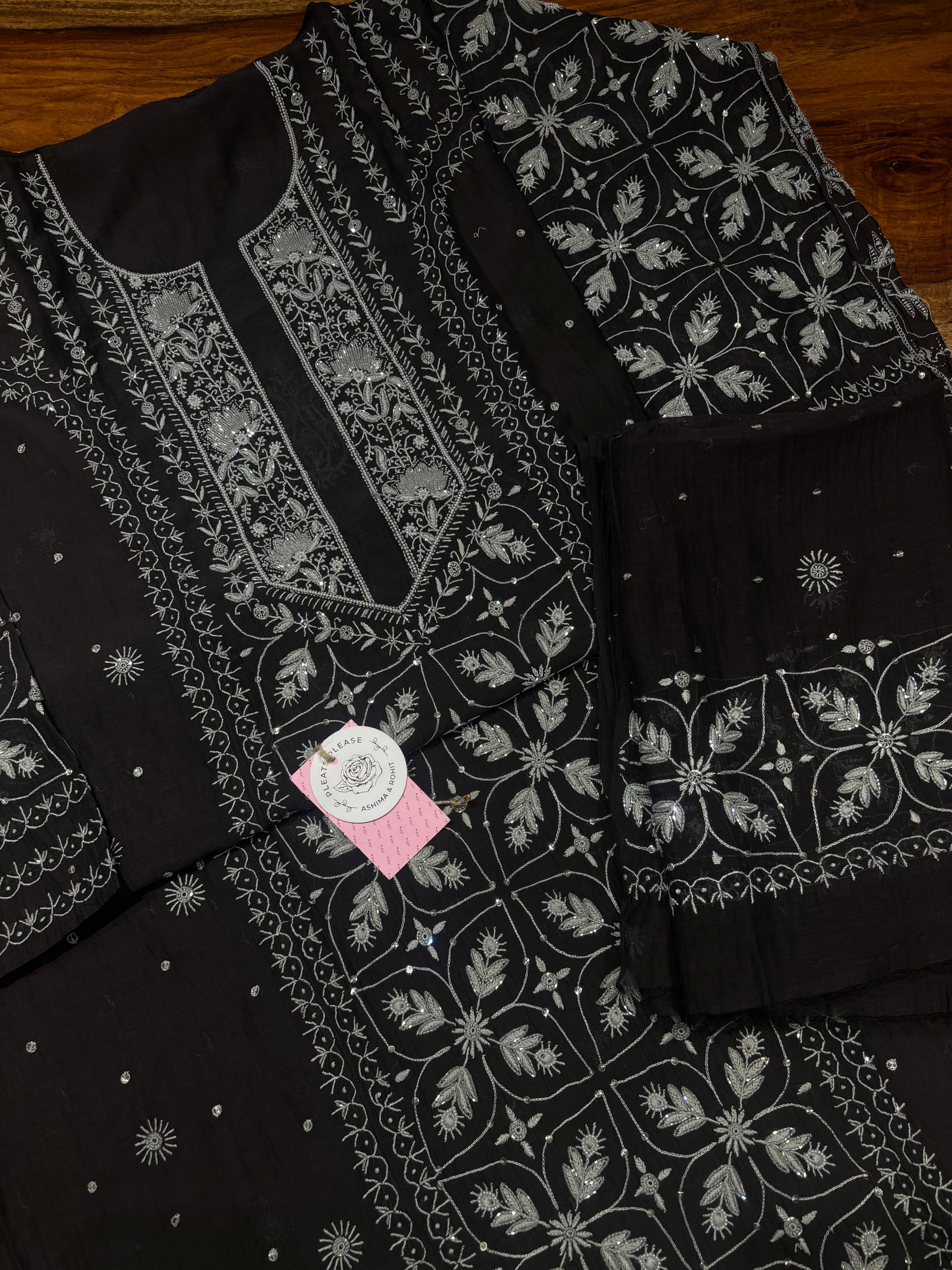 Black Chanderi Mul Chikankari Kurta & Dupatta Set