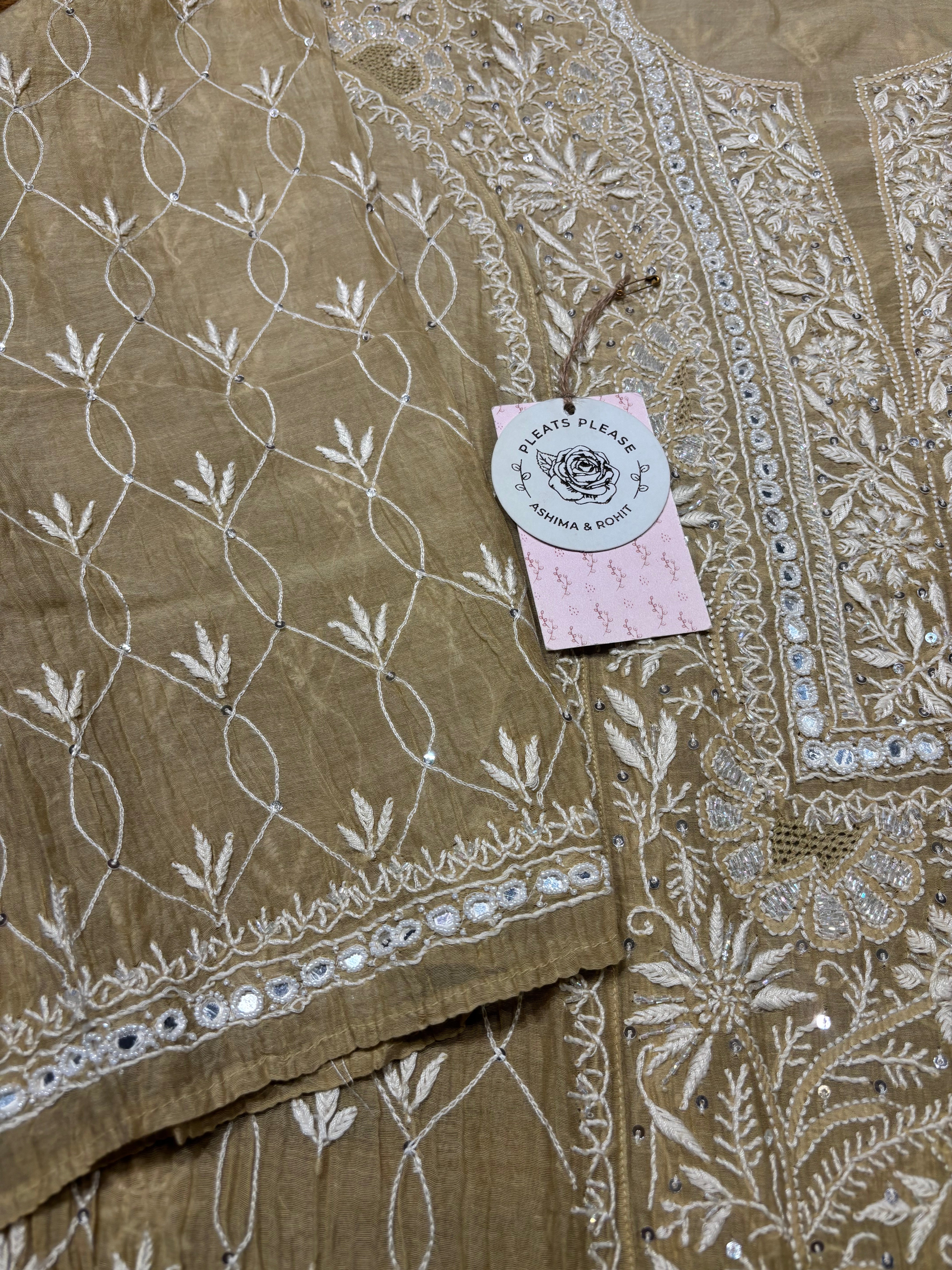 Golden Chanderi Mul Chikankari Kurta and Dupatta set