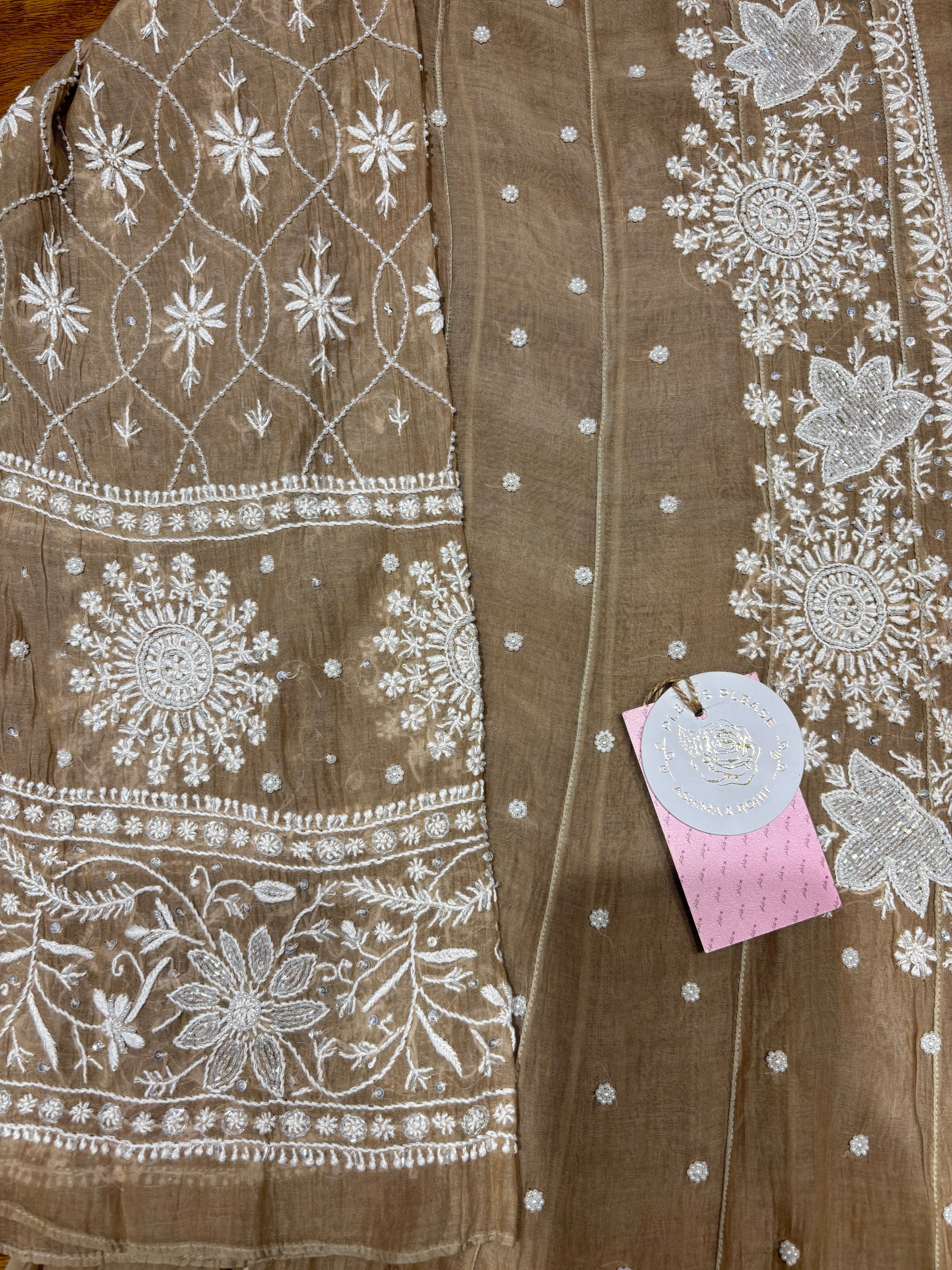 Brown Chanderi Mul Chikankari Anarkali and Dupatta Set