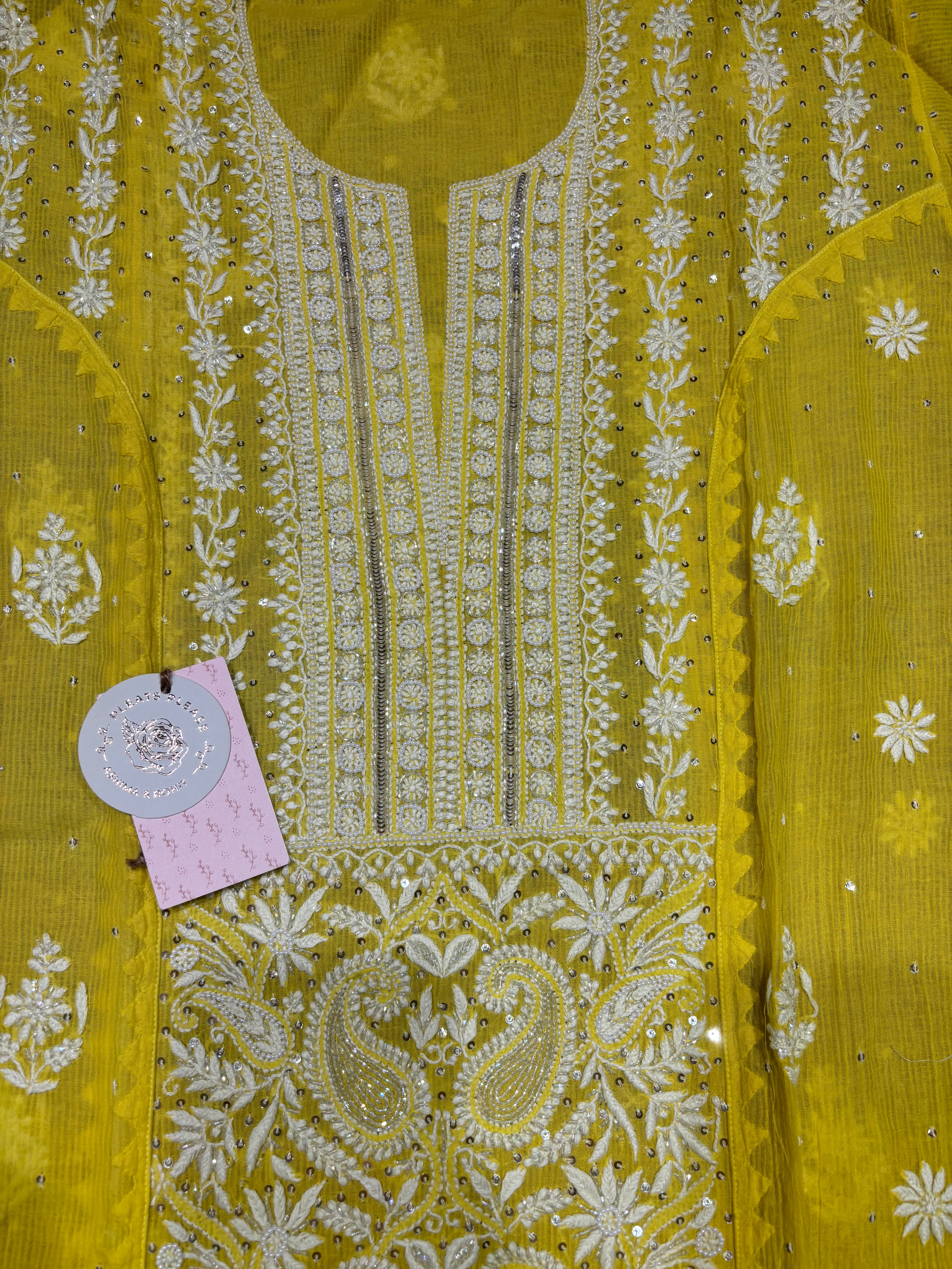 Lime yellow Chanderi Maheshwari Chikankari kurta and Dupatta set