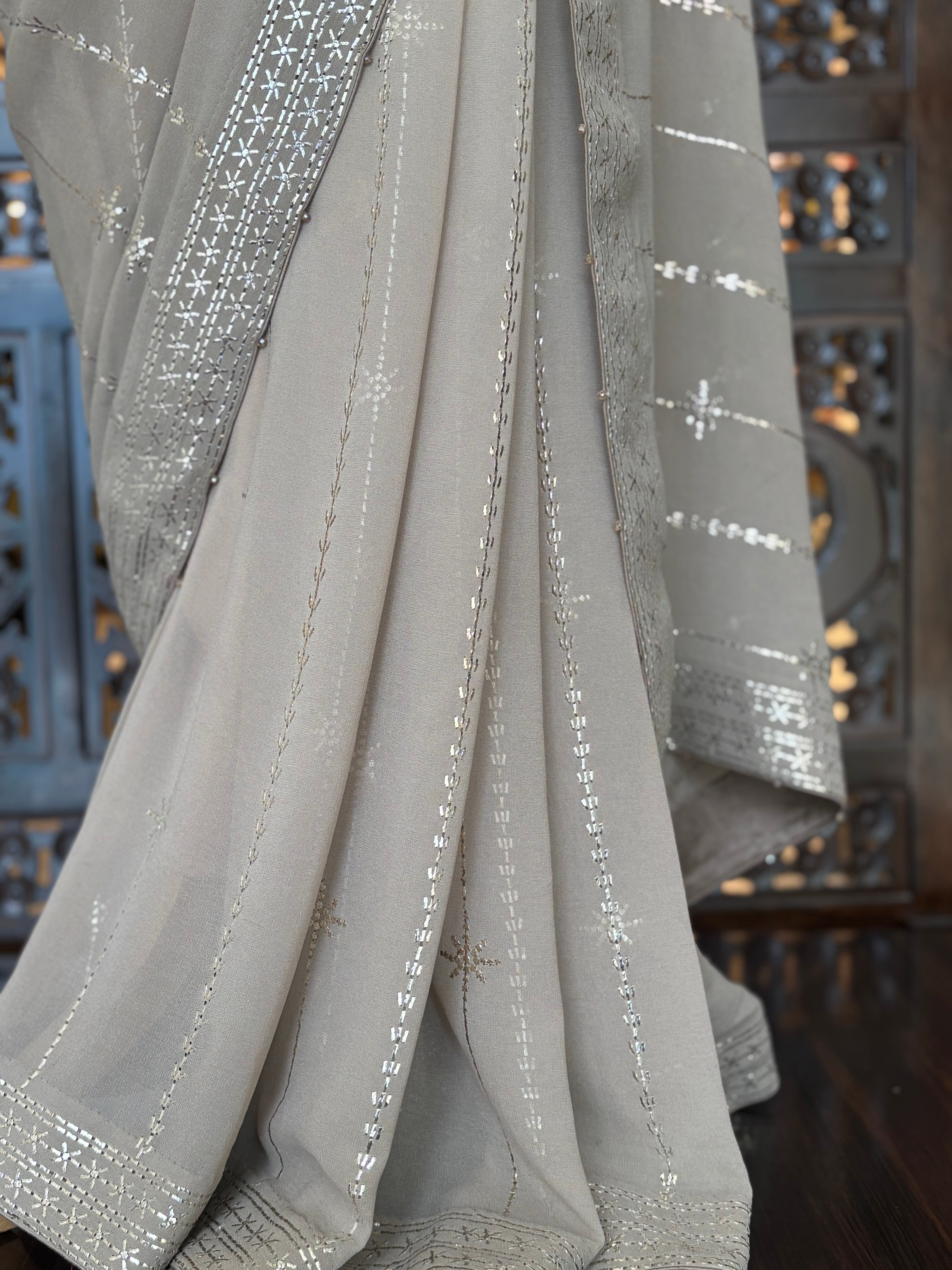 Hazelnut Brown Pure and Premium Georgette Mukaish Saree and Blouse - Pleats PleaseChikankari