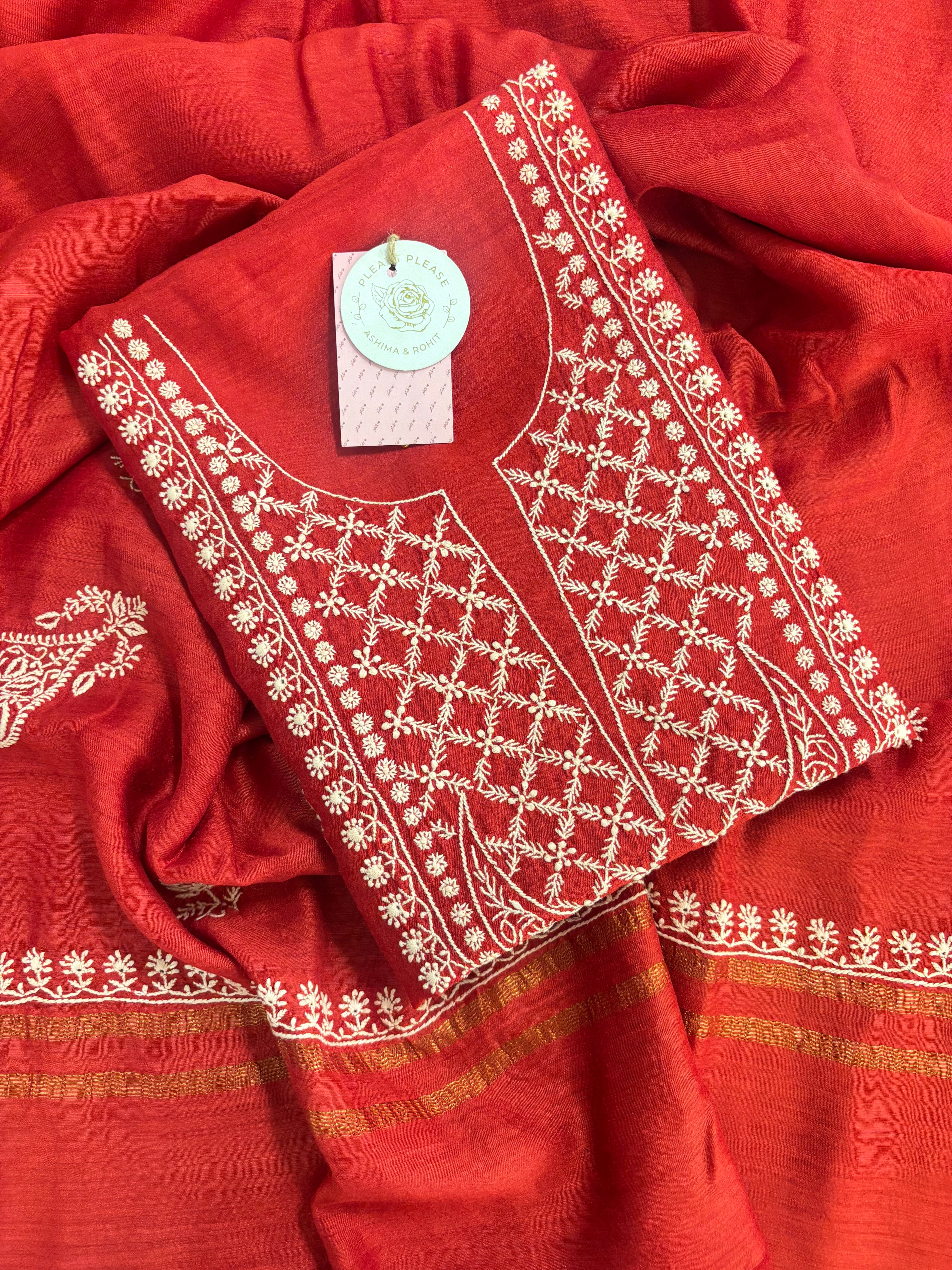Red Monga Silk Chikankari Kurta & Dupatta