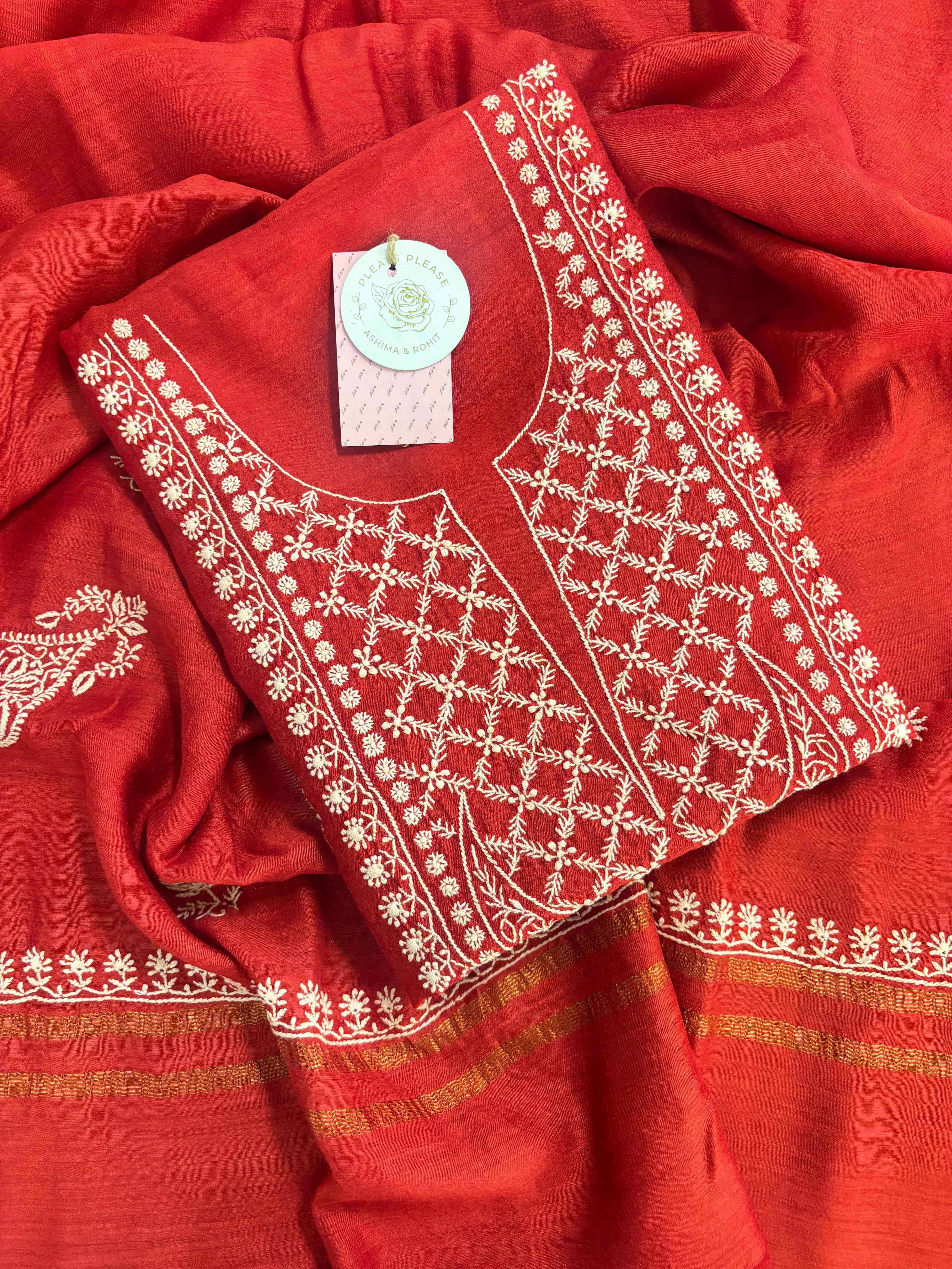 Red Monga Silk Chikankari Kurta & Dupatta