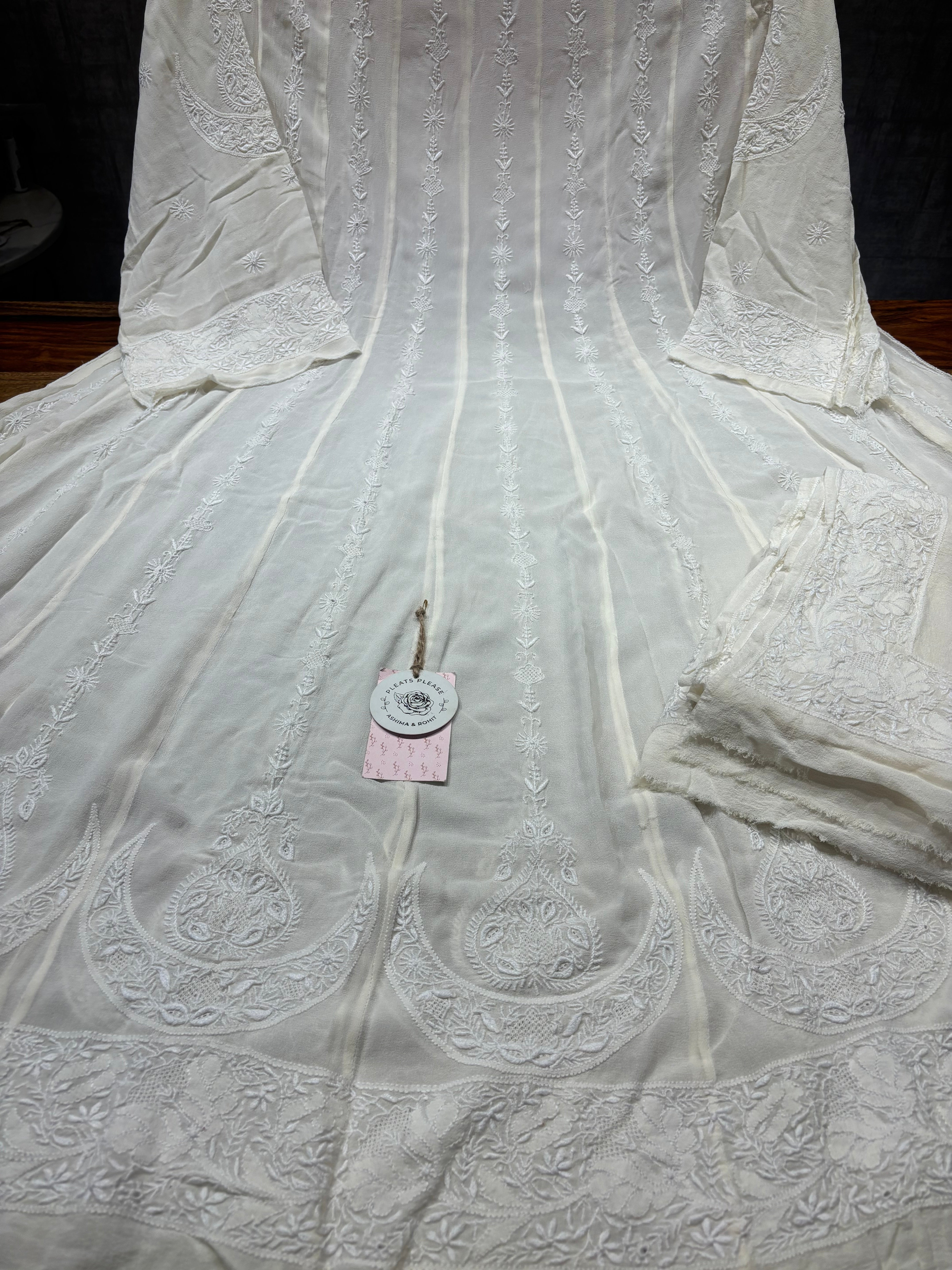 Off White Pure And Premium Georgette Chikankari Anarkali And Dupatta Set
