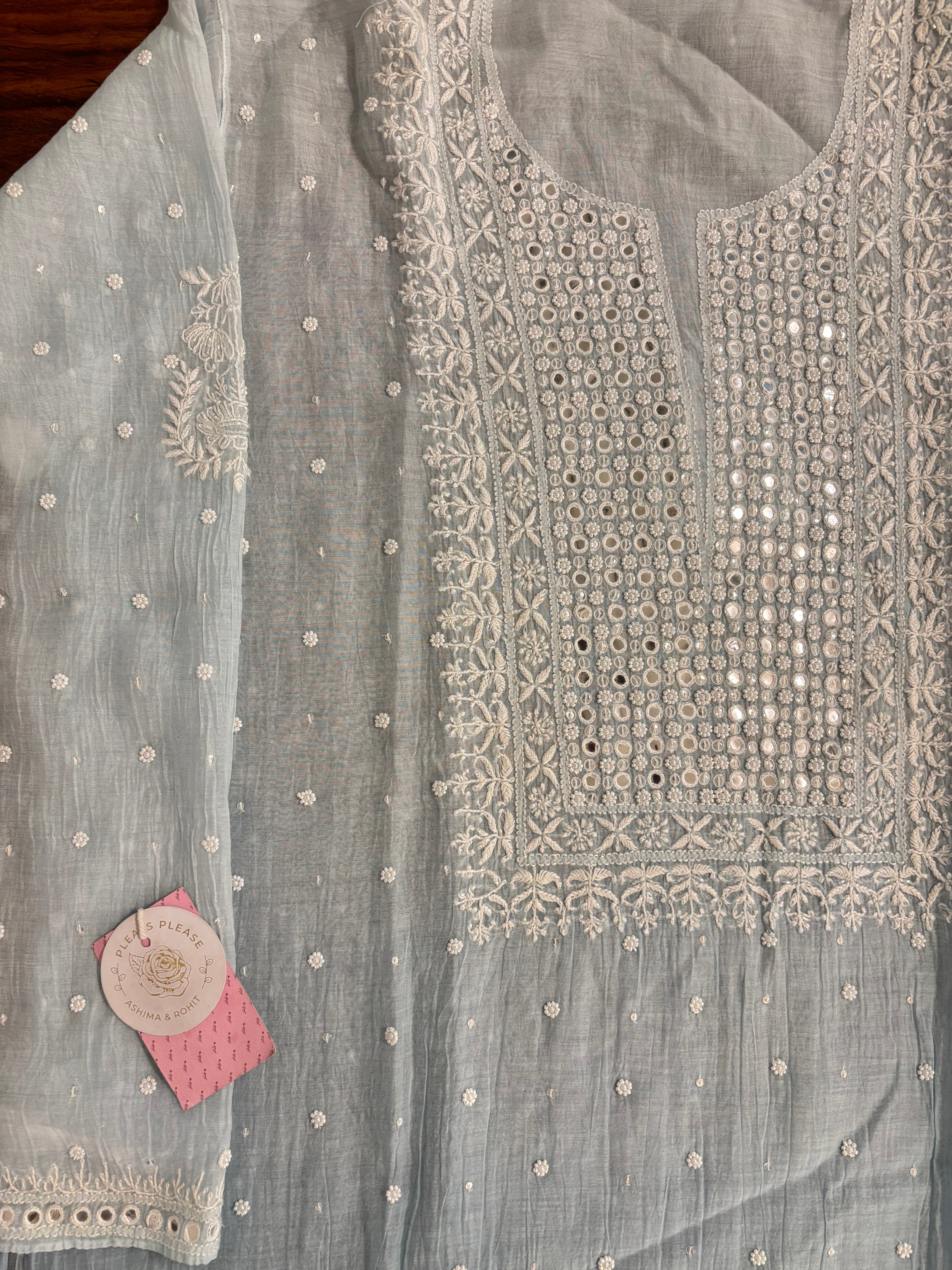 Pastel Blue Pure Chanderi Ombre Chikankari Kurta & Dupatta - Pleats PleaseChikankari