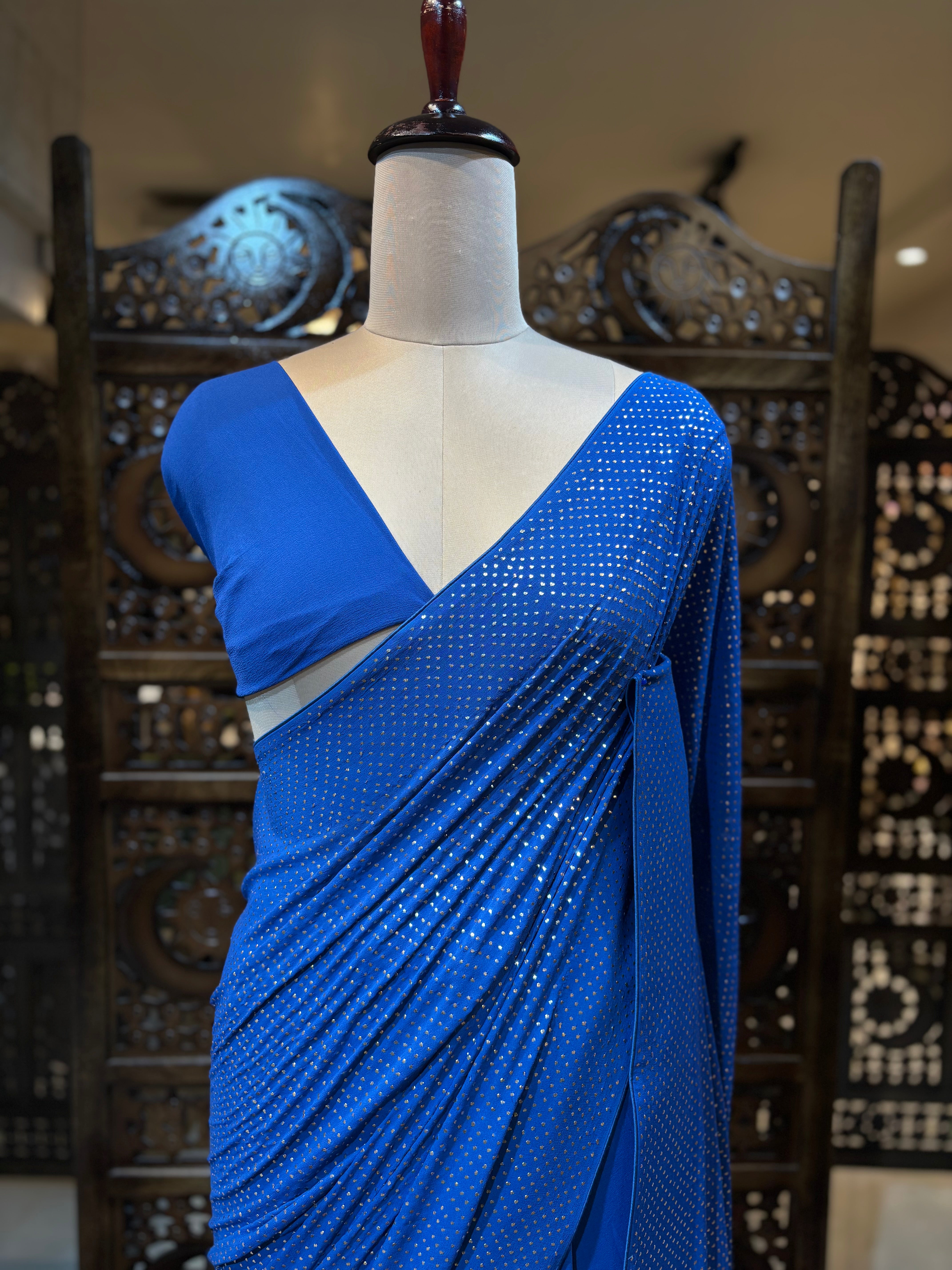 Electric Blue Pure & Premium Georgette Mukaish Saree & Blouse - Pleats PleaseChikankari
