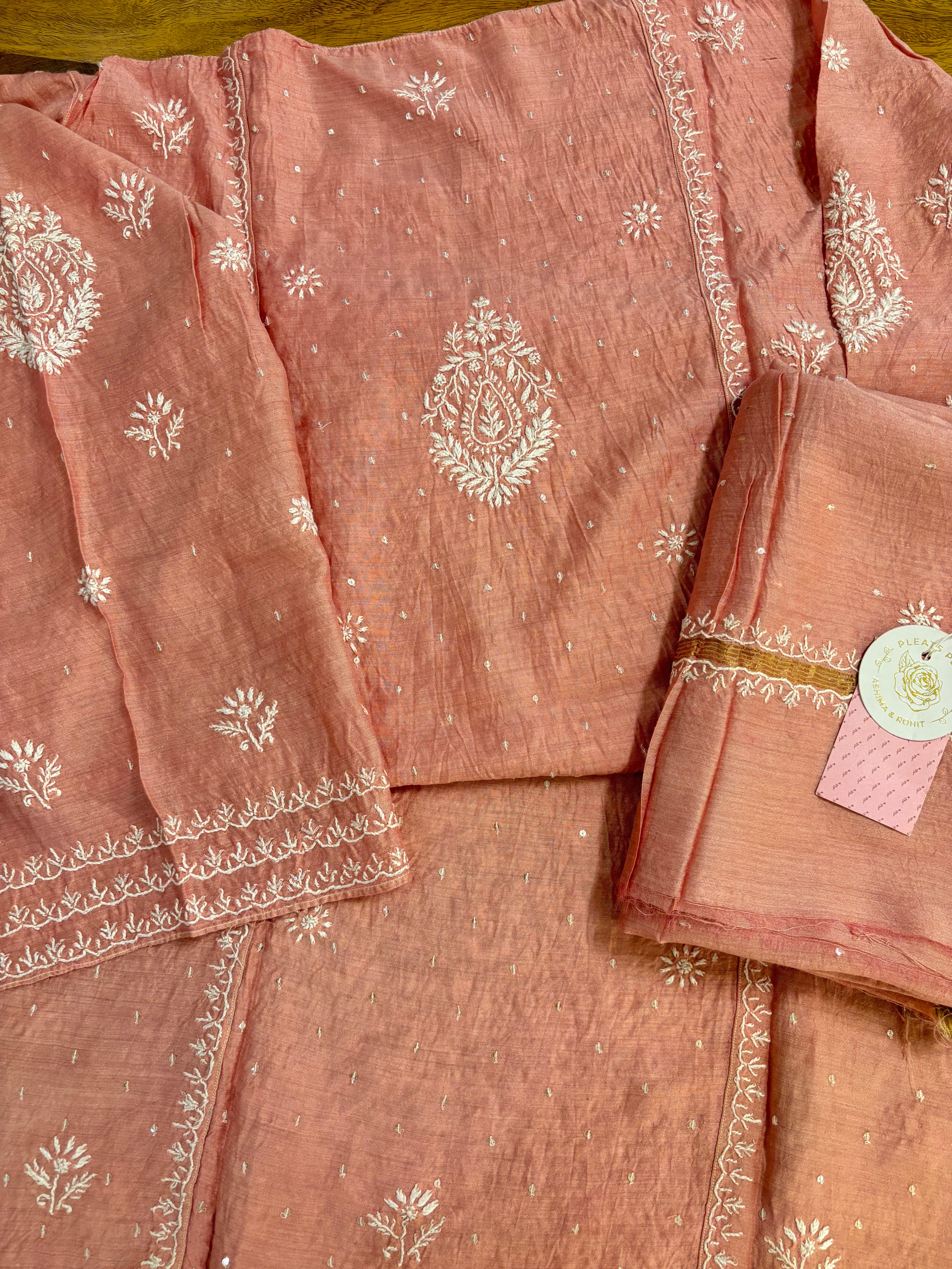 Baby Pink Monga Silk Chikankari Kurta & Dupatta