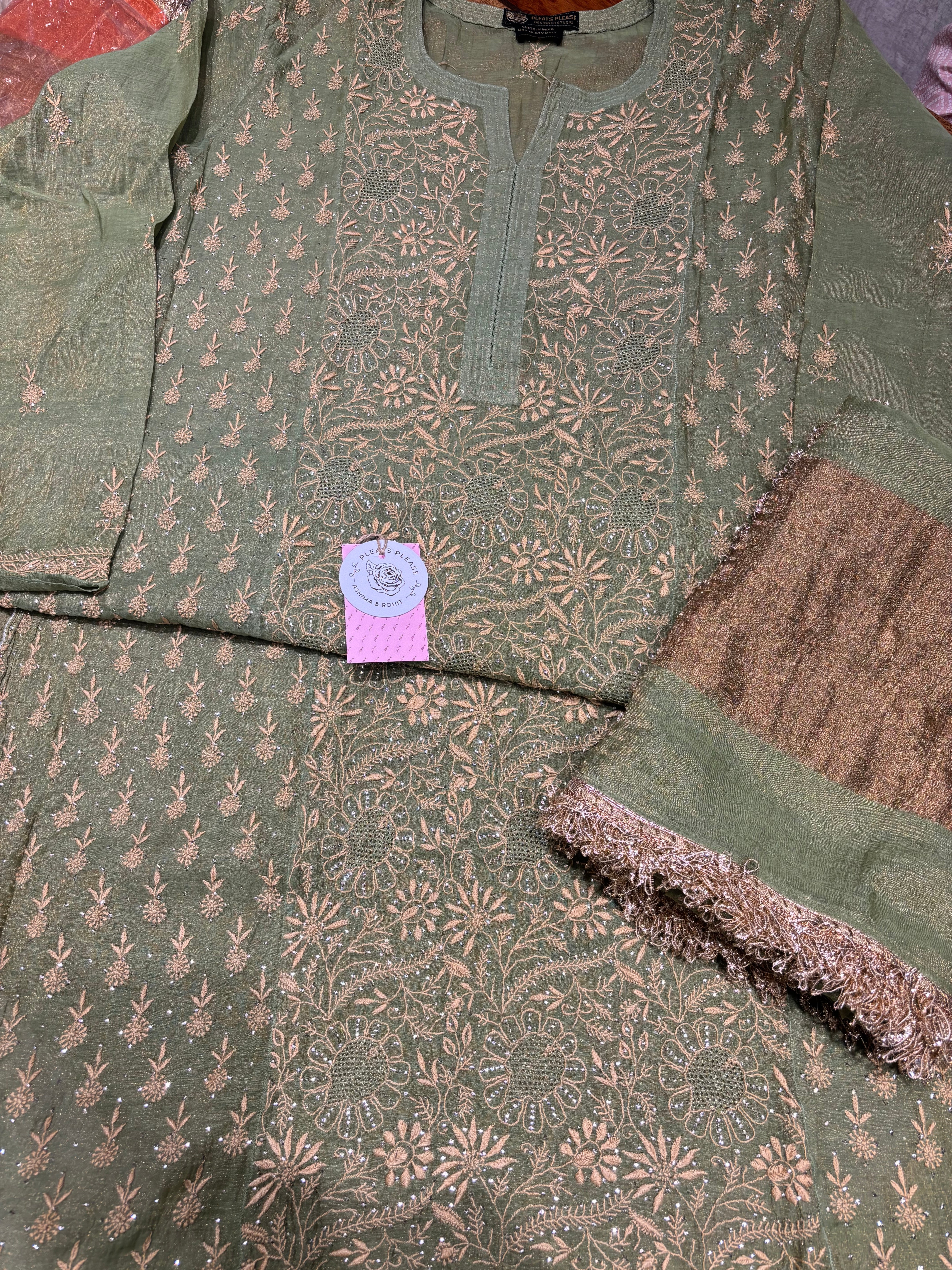 Green Pure & Premium Tissue Chikankari Kurta & Dupatta Set