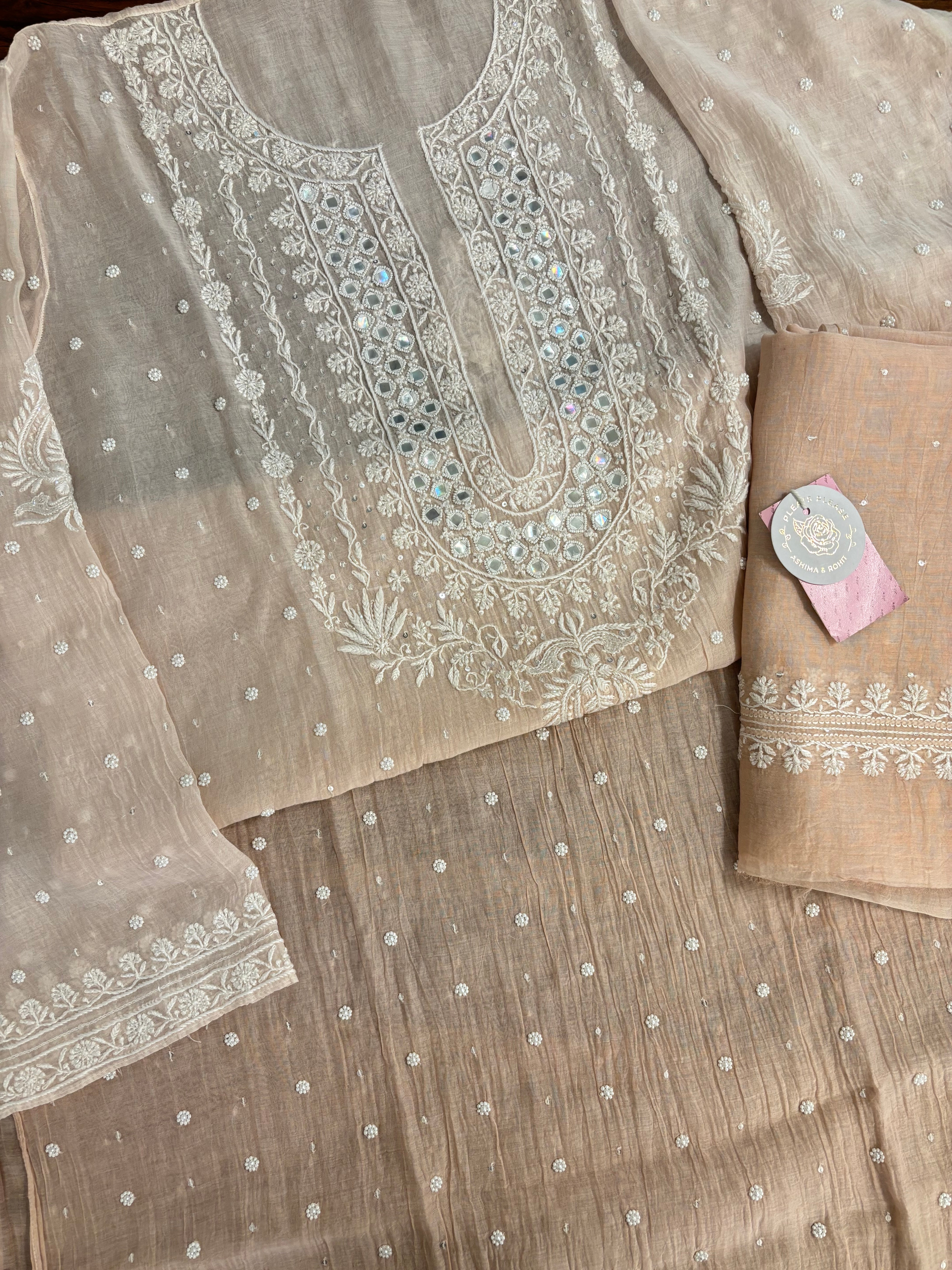 Champagne Pure Chanderi Ombre Chikankari Kurta & Dupatta - Pleats PleaseChikankari