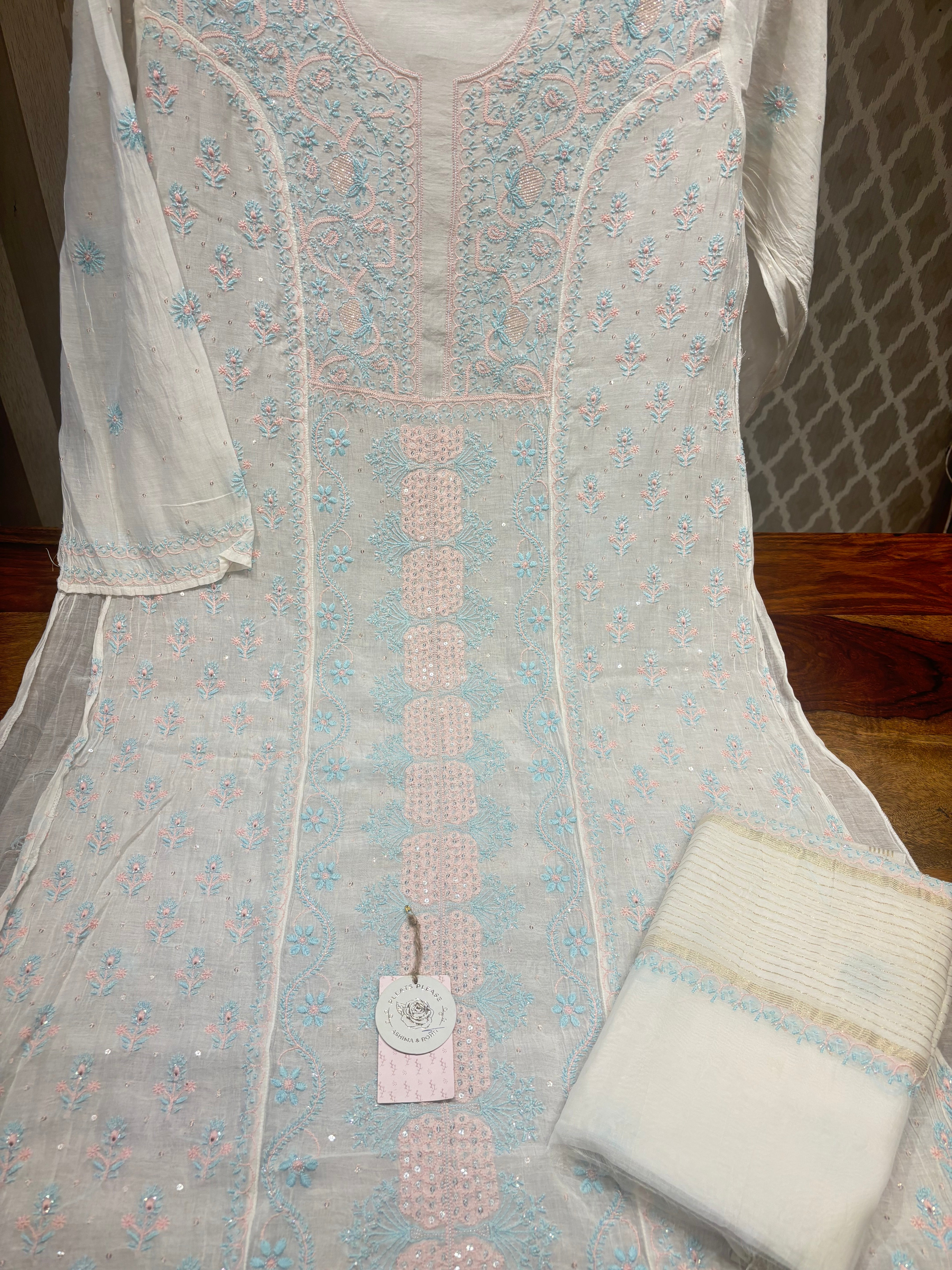 Dyeable Chanderi Mul Chikankari Kurta and Dupatta set