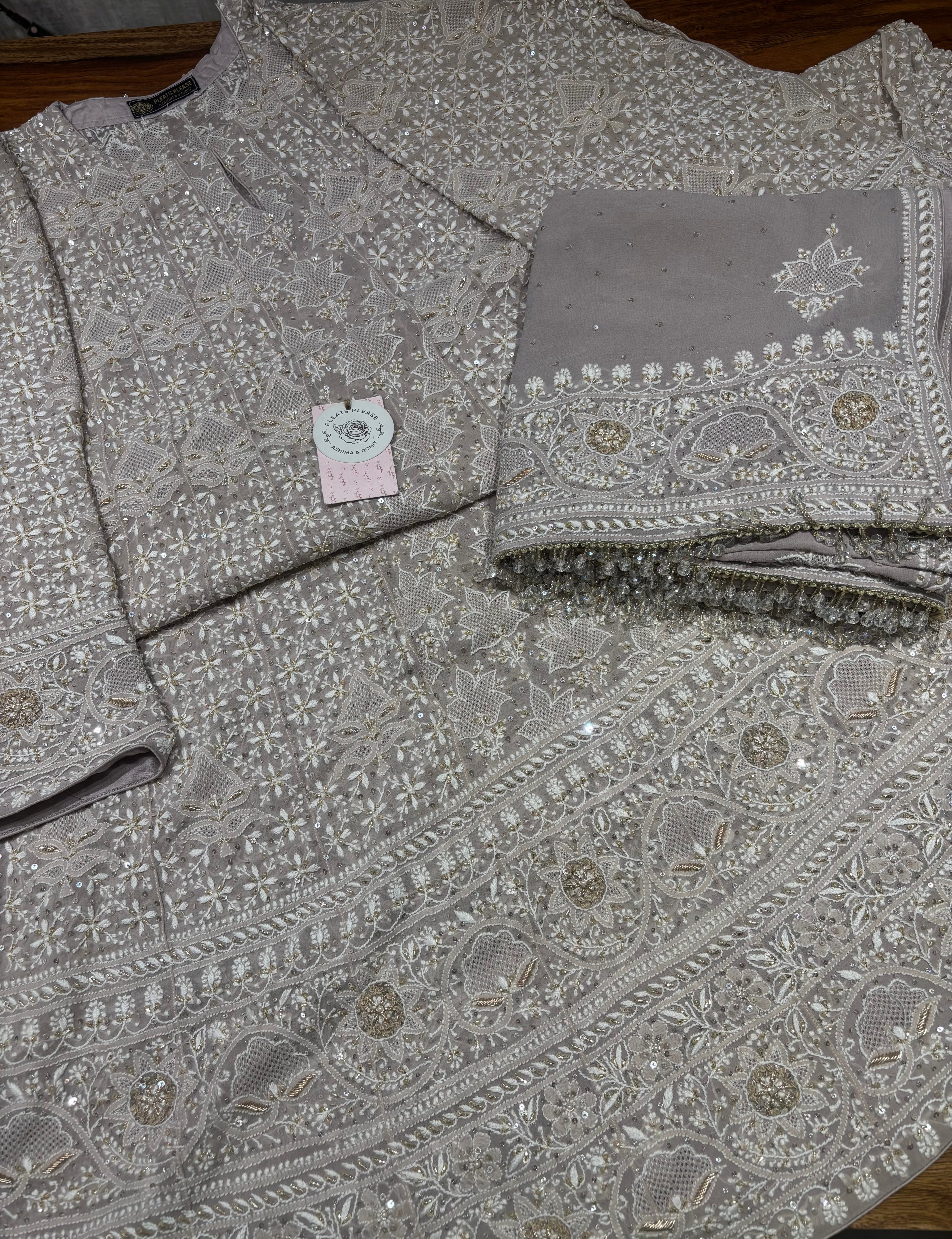 Lavender Gray Pure & Premium ek taar Georgette Chikankari Anarkali & Dupatta Set