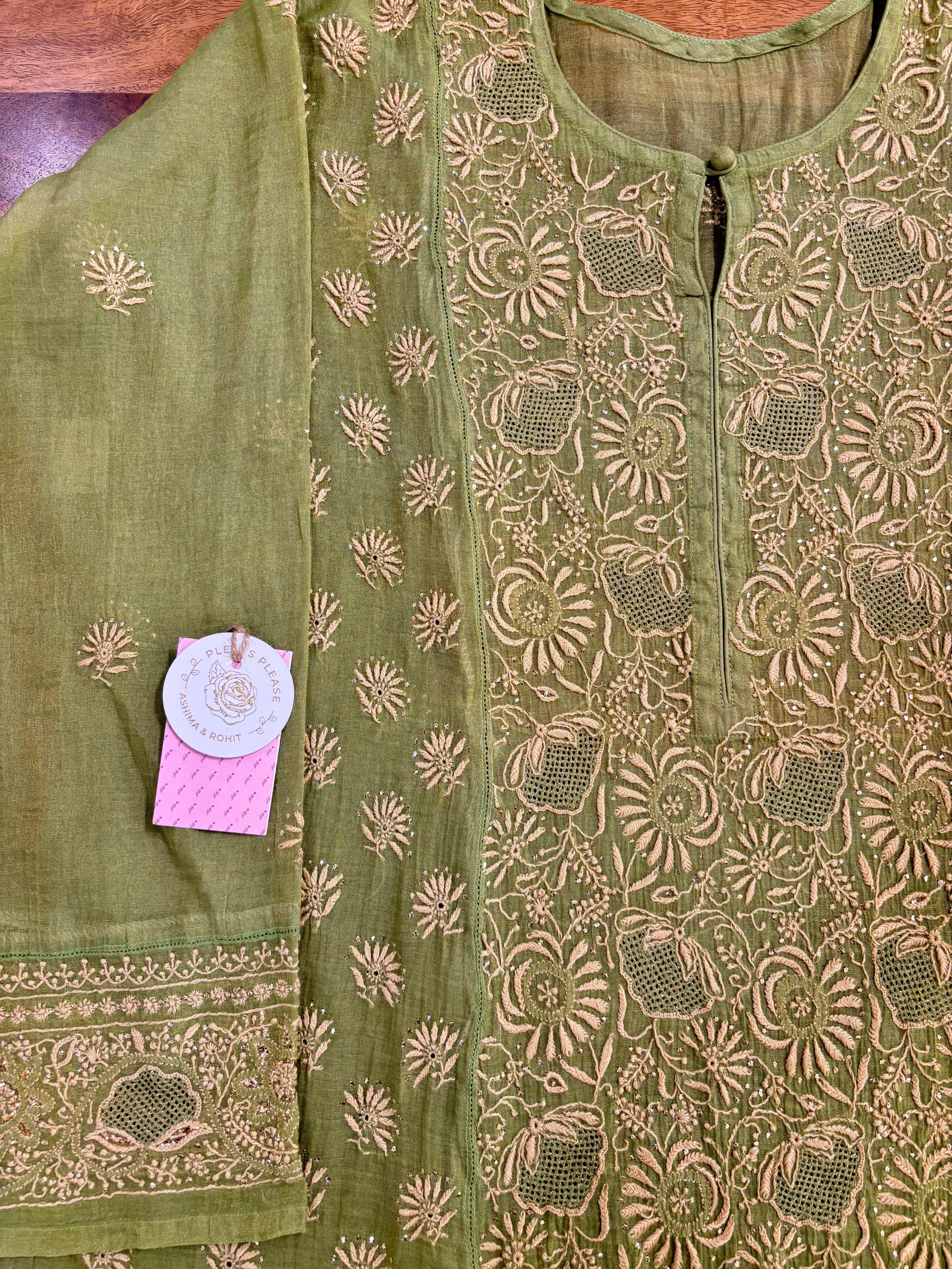 Warm Green Pure & Premium Tissue Chikankari Mukaish Kurta & Dupatta