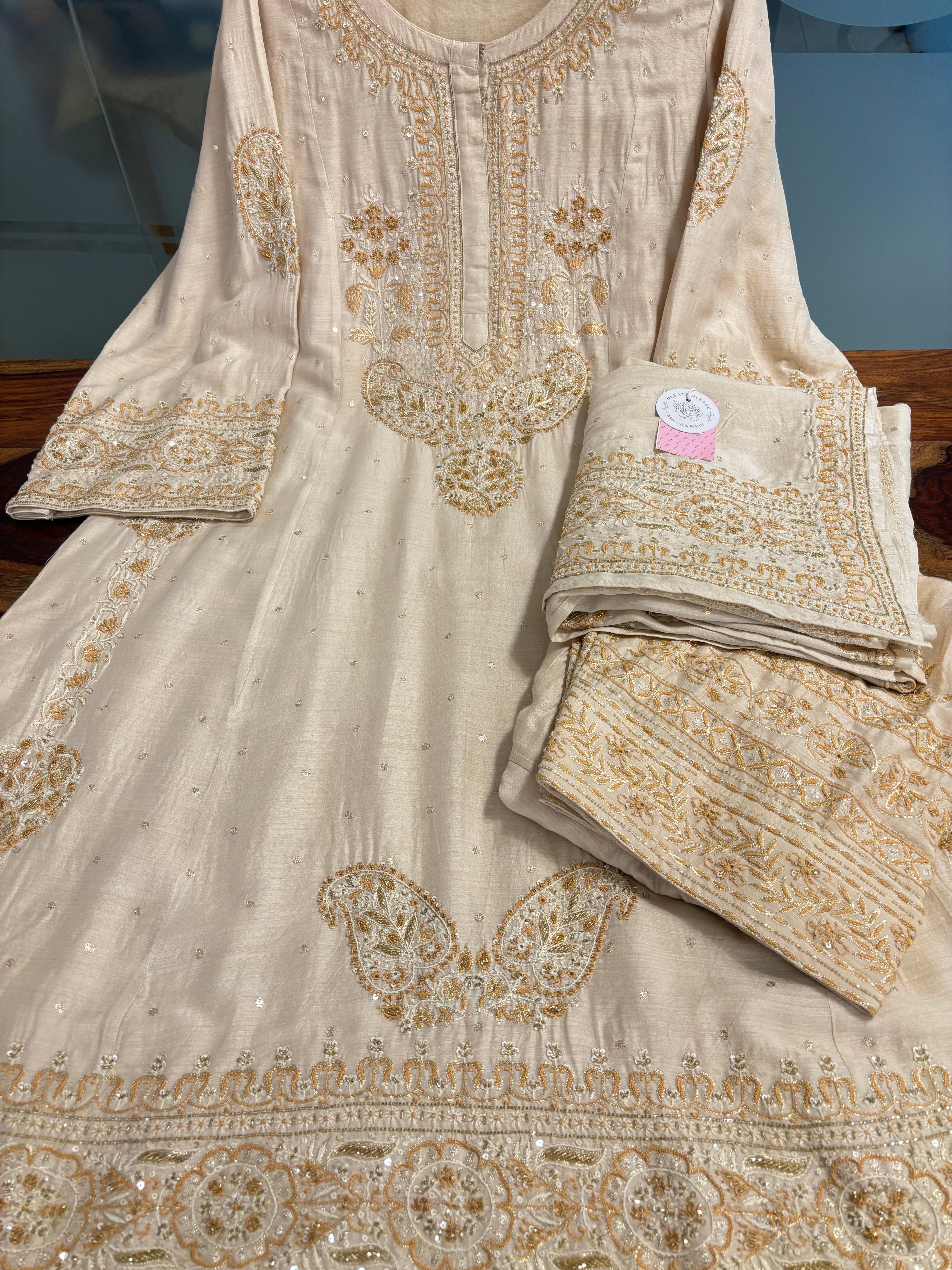 Dyeable Monga Silk A-Line Chikankari Kurta & Dupatta With Bottom