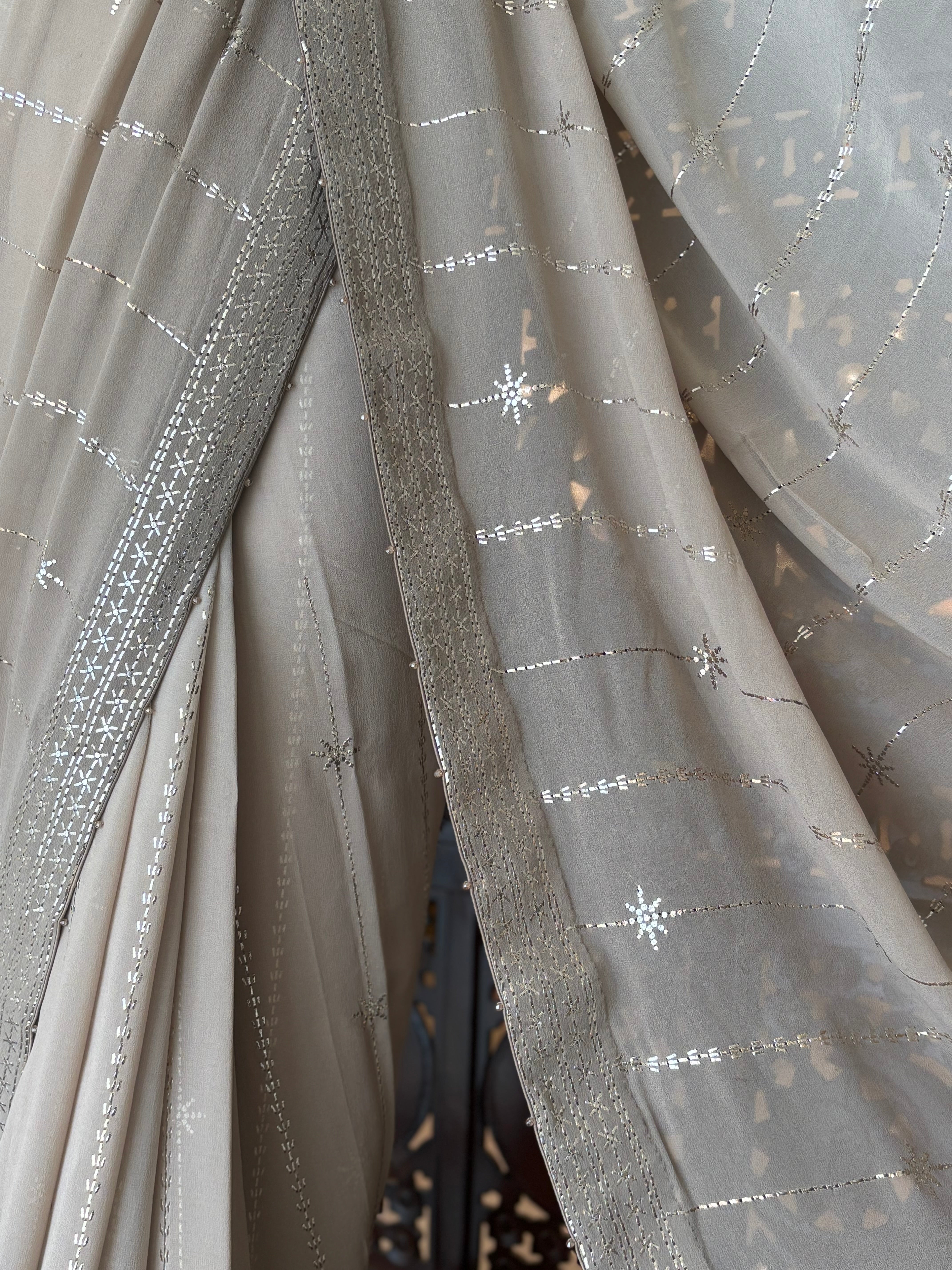 Hazelnut Brown Pure and Premium Georgette Mukaish Saree and Blouse - Pleats PleaseChikankari