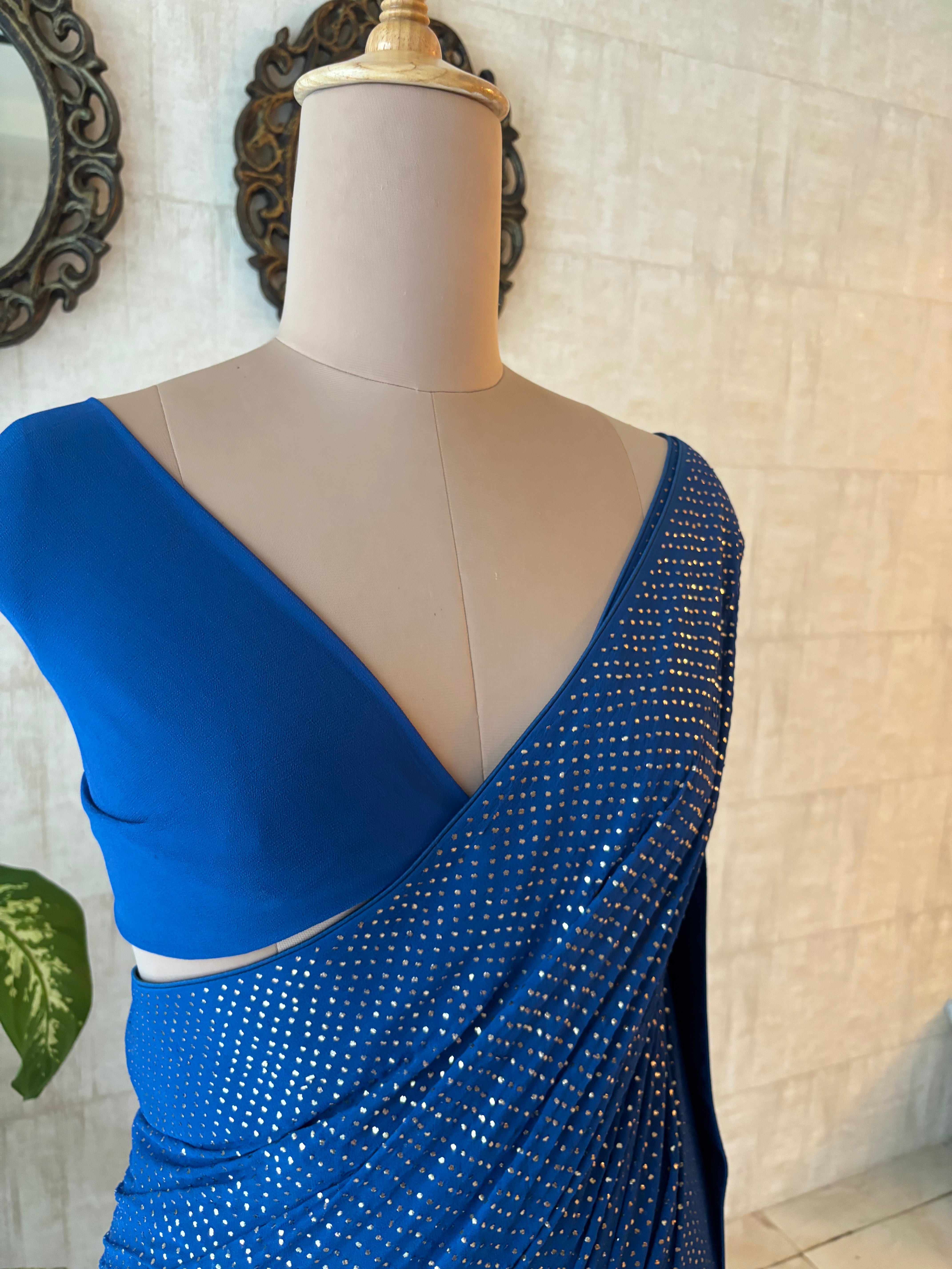 Electric Blue Pure & Premium Georgette Mukaish Saree & Blouse