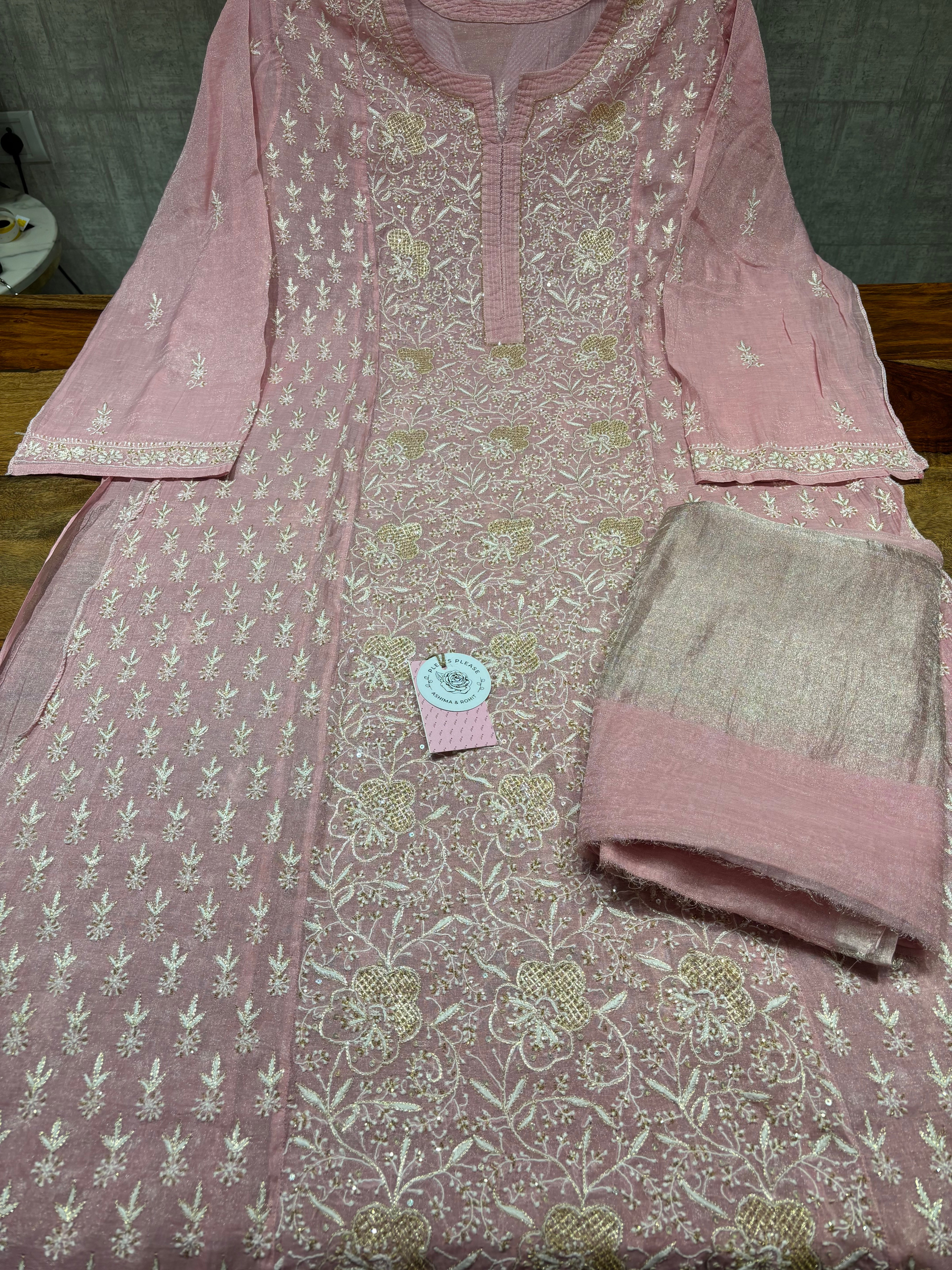 Pink Pure & Premium Tissue Chikankari Kurta & Dupatta Set