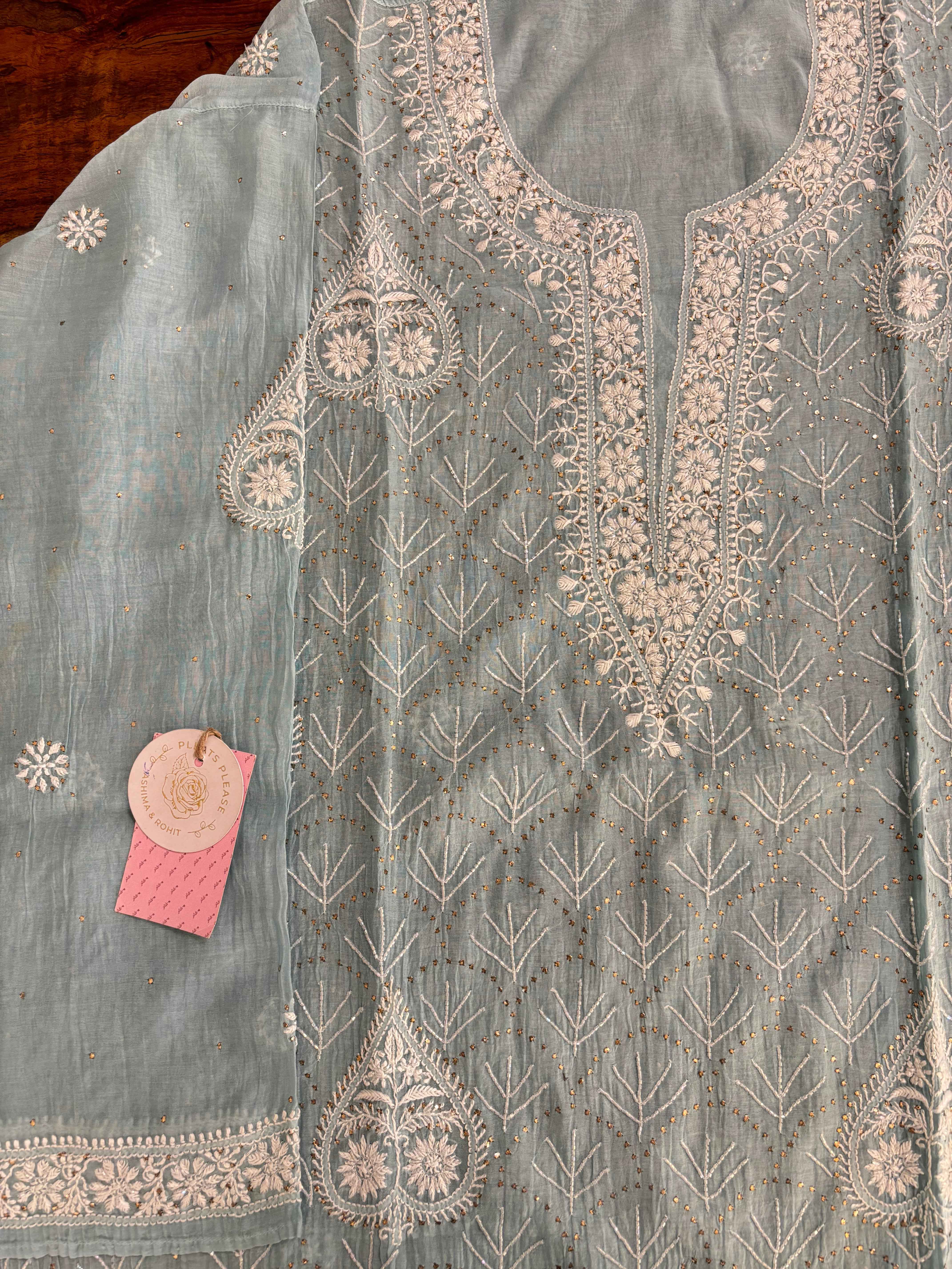 Ice Blue Chanderi Mul Chikankari Mukaish Kurta & Dupatta