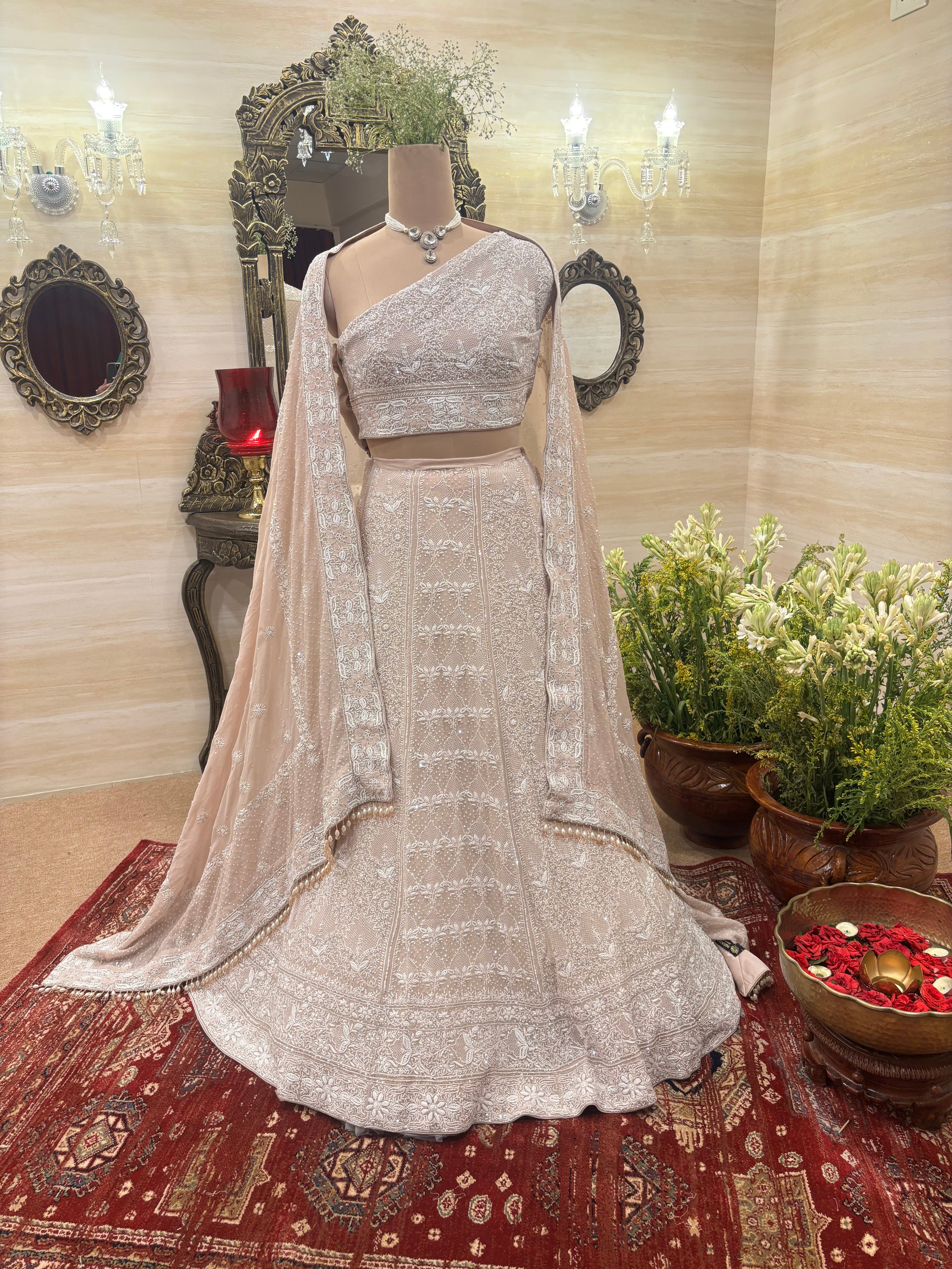 Nude Peach Pure & Premium Georgette Chikankari Lehenga Set